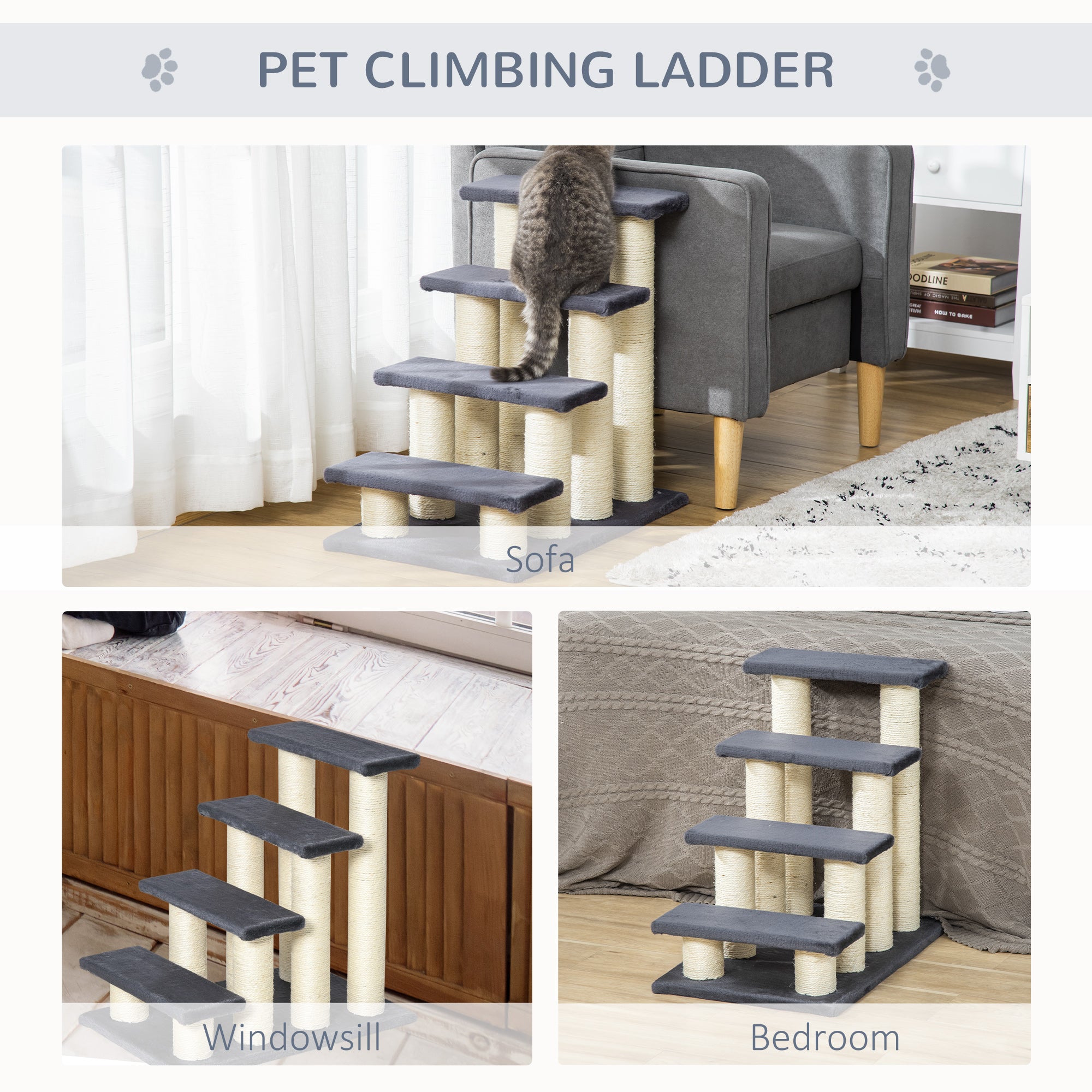 PawHut 4 Tier Pet Stairs Dog Cat 4 Steps Kitty Scatching Post Cat Scratch Furniture Dark Grey