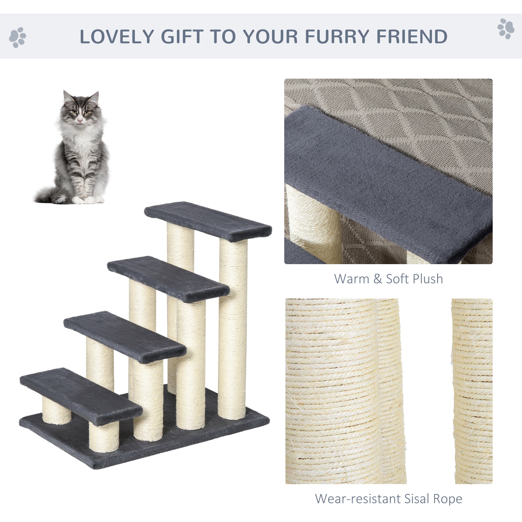 PawHut 4 Tier Pet Stairs Dog Cat 4 Steps Kitty Scatching Post Cat Scratch Furniture Dark Grey