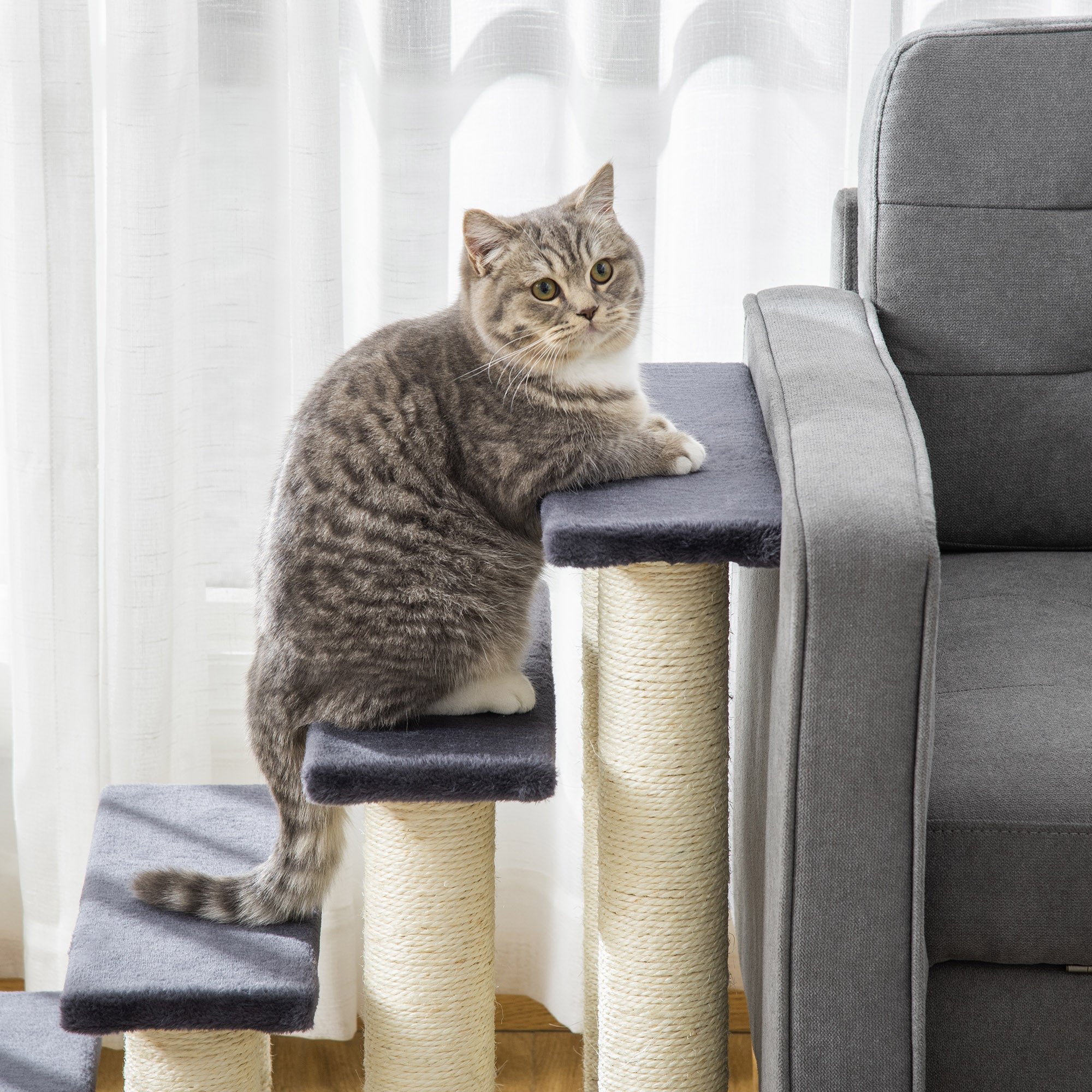 PawHut 4 Tier Pet Stairs Dog Cat 4 Steps Kitty Scatching Post Cat Scratch Furniture Dark Grey