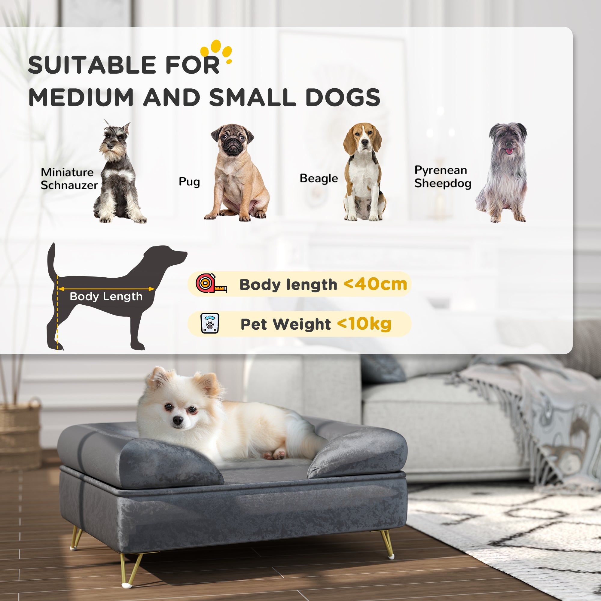 PawHut Dog Sofa Pet Couch Cat Chair with Removable Backrest, Soft Cushion, Washable Cover, for Small and Medium Sized Dogs, Grey
