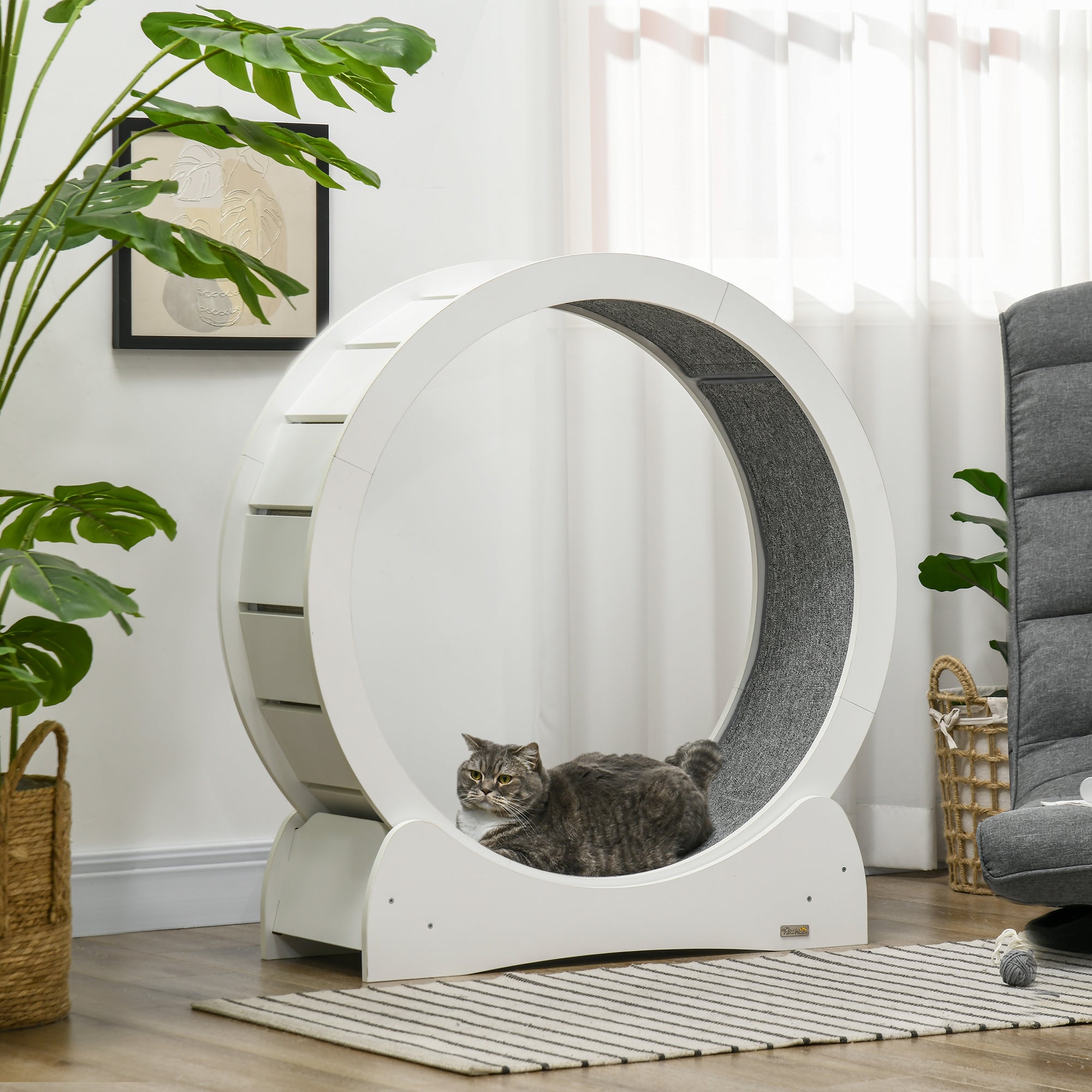 PawHut Cat Treadmill, Cat Exercise Wheel, 30 inch Cat Running Wheel with Brake, Carpeted Runway, for Exercise - White