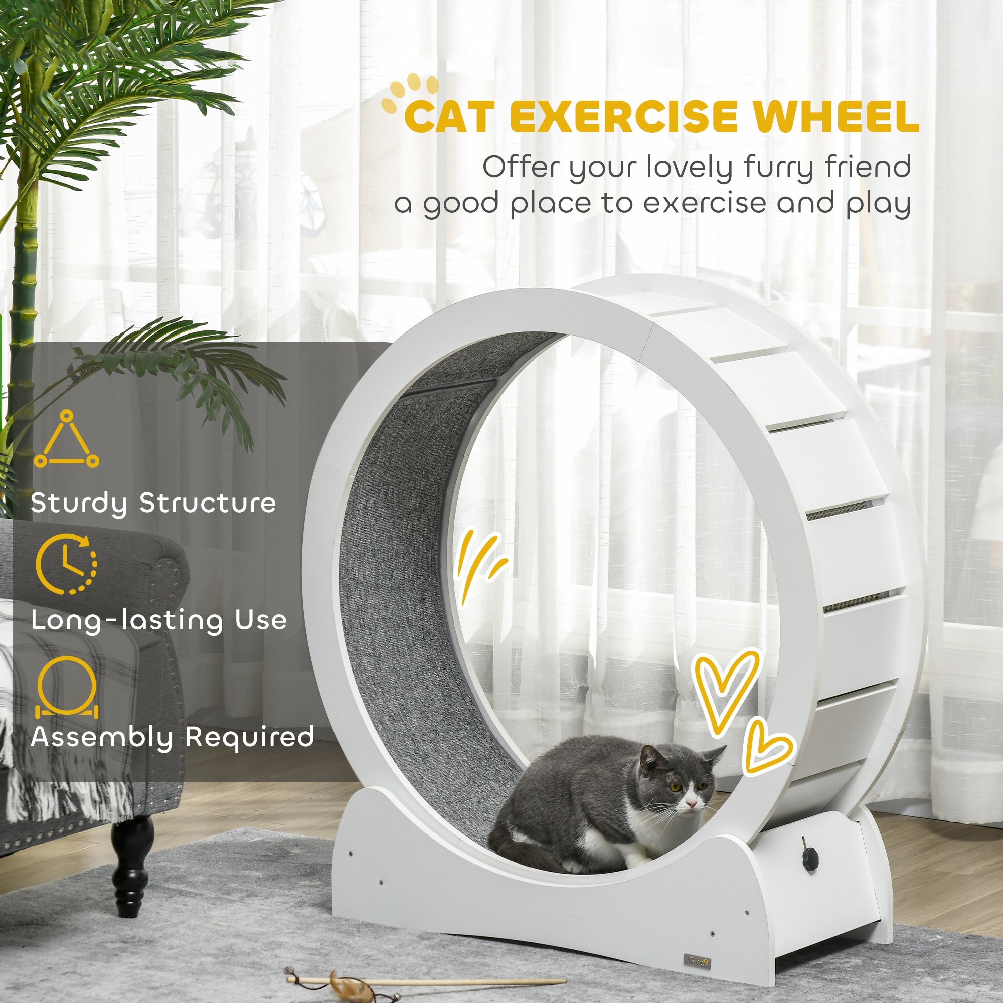 PawHut Cat Treadmill, Cat Exercise Wheel, 30 inch Cat Running Wheel with Brake, Carpeted Runway, for Exercise - White