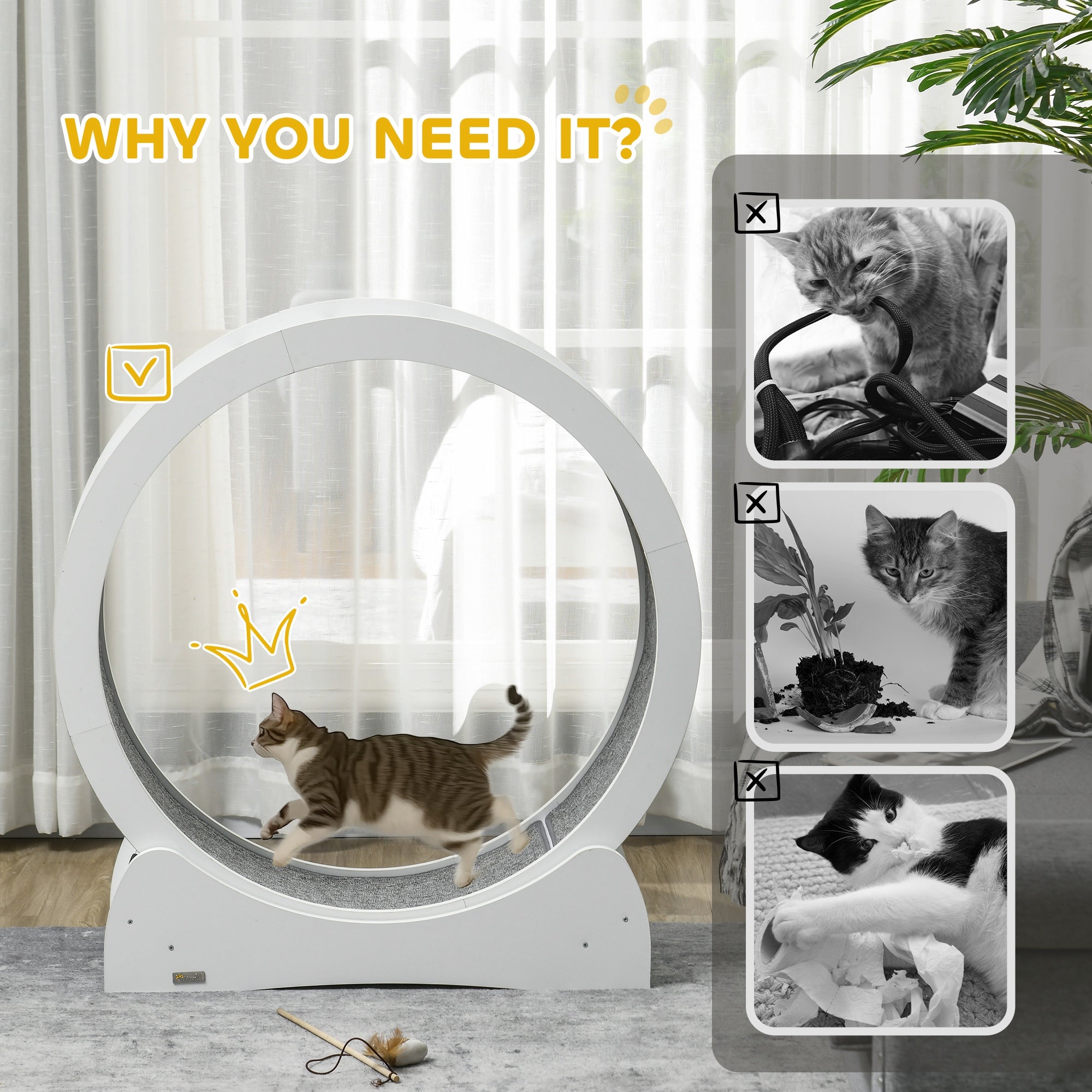 PawHut Cat Treadmill, Cat Exercise Wheel, 30 inch Cat Running Wheel with Brake, Carpeted Runway, for Exercise - White