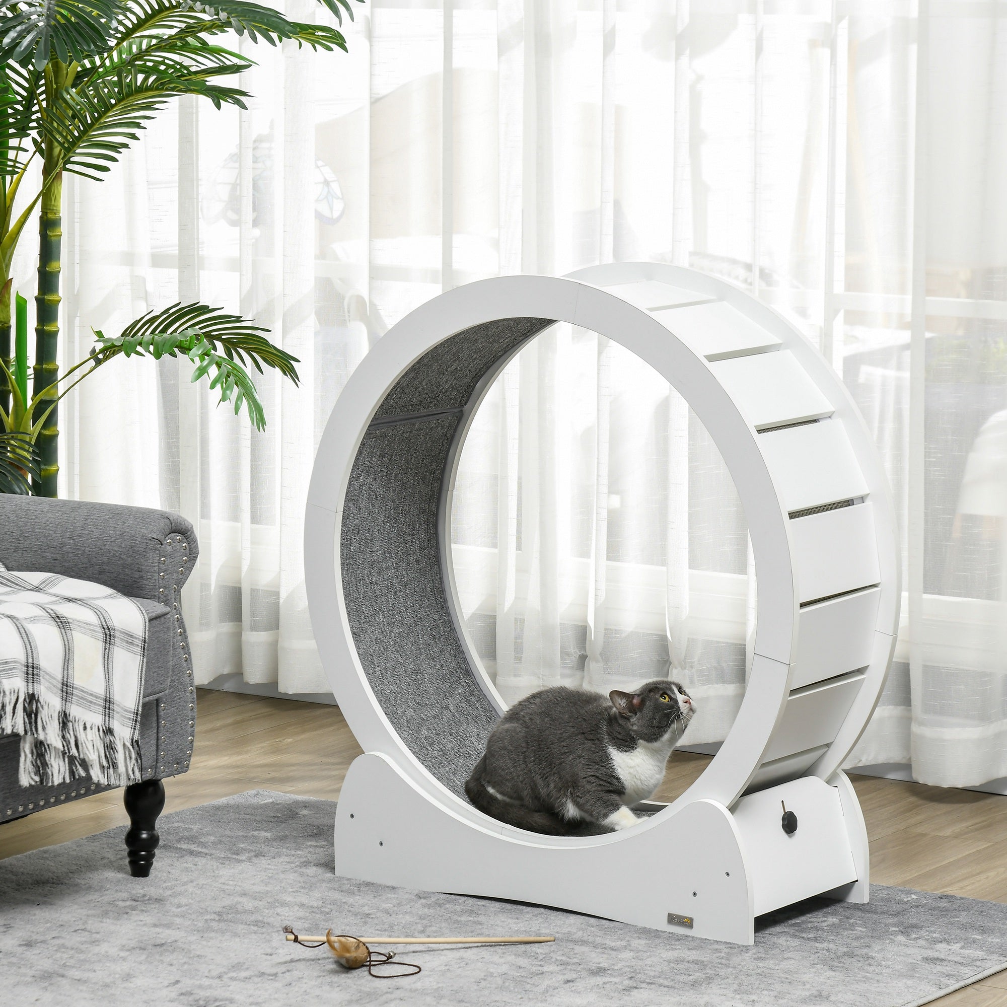 PawHut Cat Treadmill, Cat Exercise Wheel, 30 inch Cat Running Wheel with Brake, Carpeted Runway, for Exercise - White