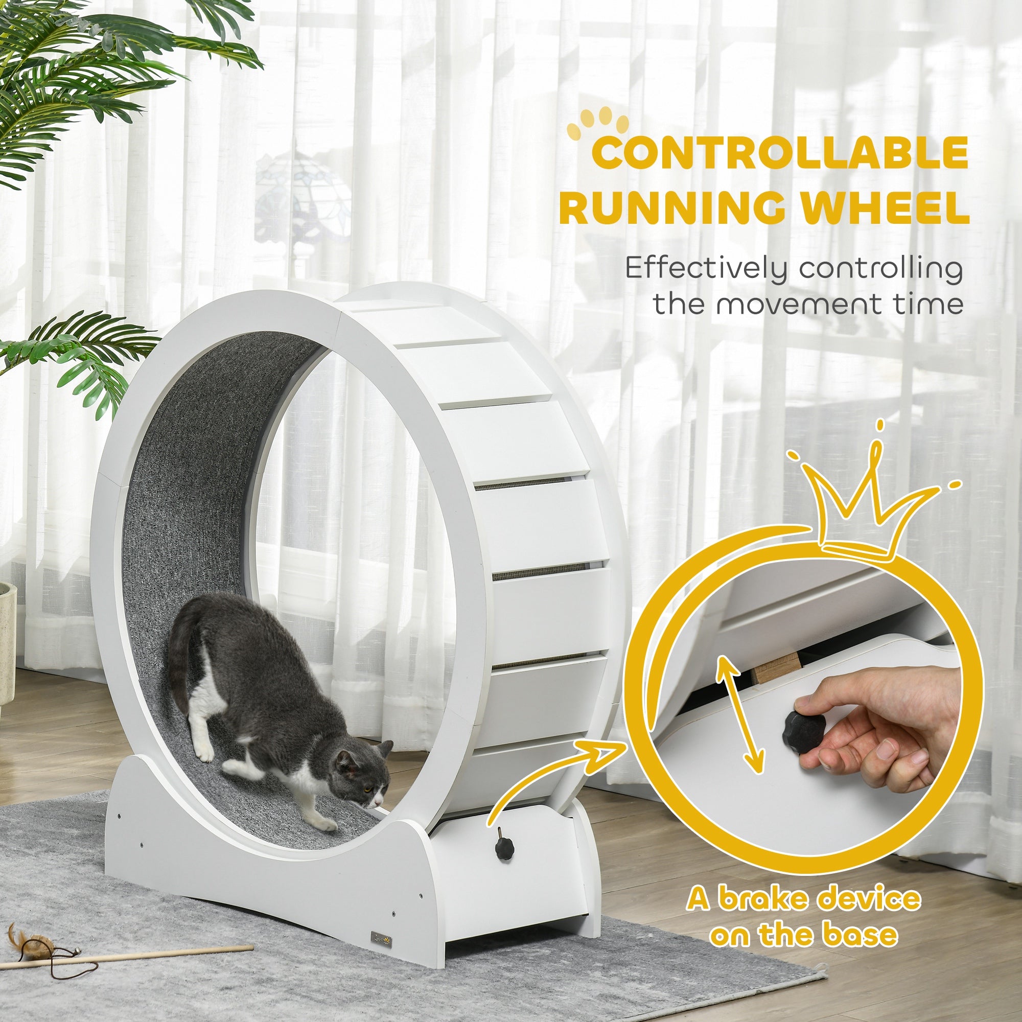PawHut Cat Treadmill, Cat Exercise Wheel, 30 inch Cat Running Wheel with Brake, Carpeted Runway, for Exercise - White