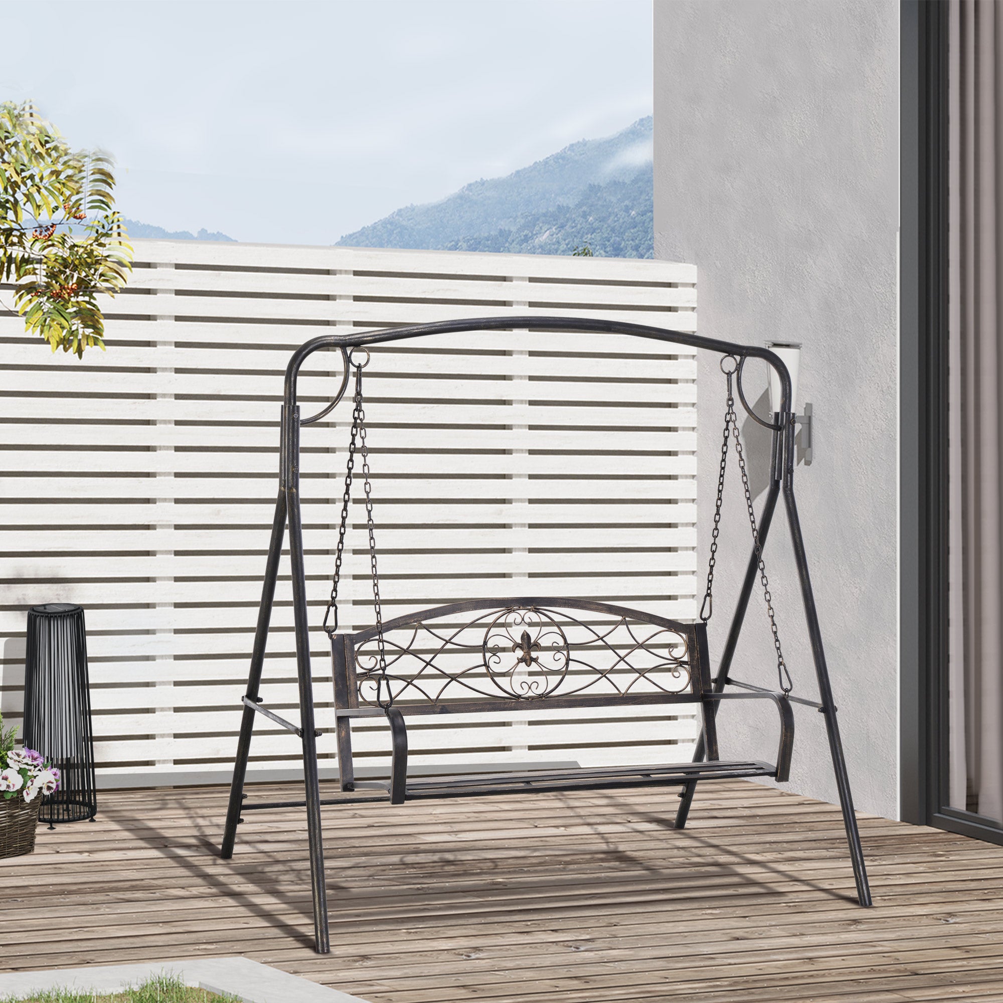 Outsunny 2 Seater Porch Swing Chair, Weather Resistant Outdoor Swing Seat with Metal Frame for Garden, Backyard, Lawn, Black with Gold Tone