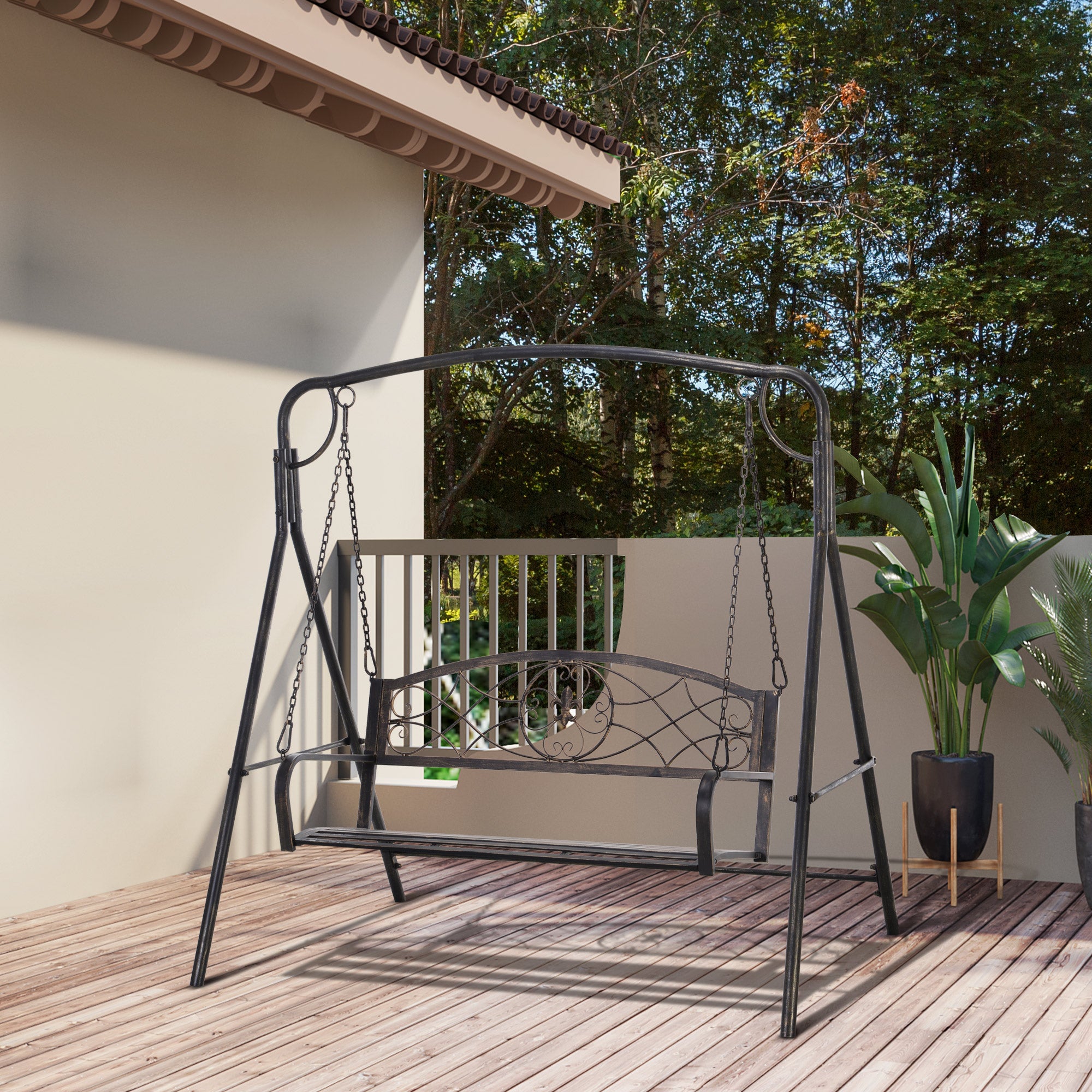 Outsunny 2 Seater Porch Swing Chair, Weather Resistant Outdoor Swing Seat with Metal Frame for Garden, Backyard, Lawn, Black with Gold Tone