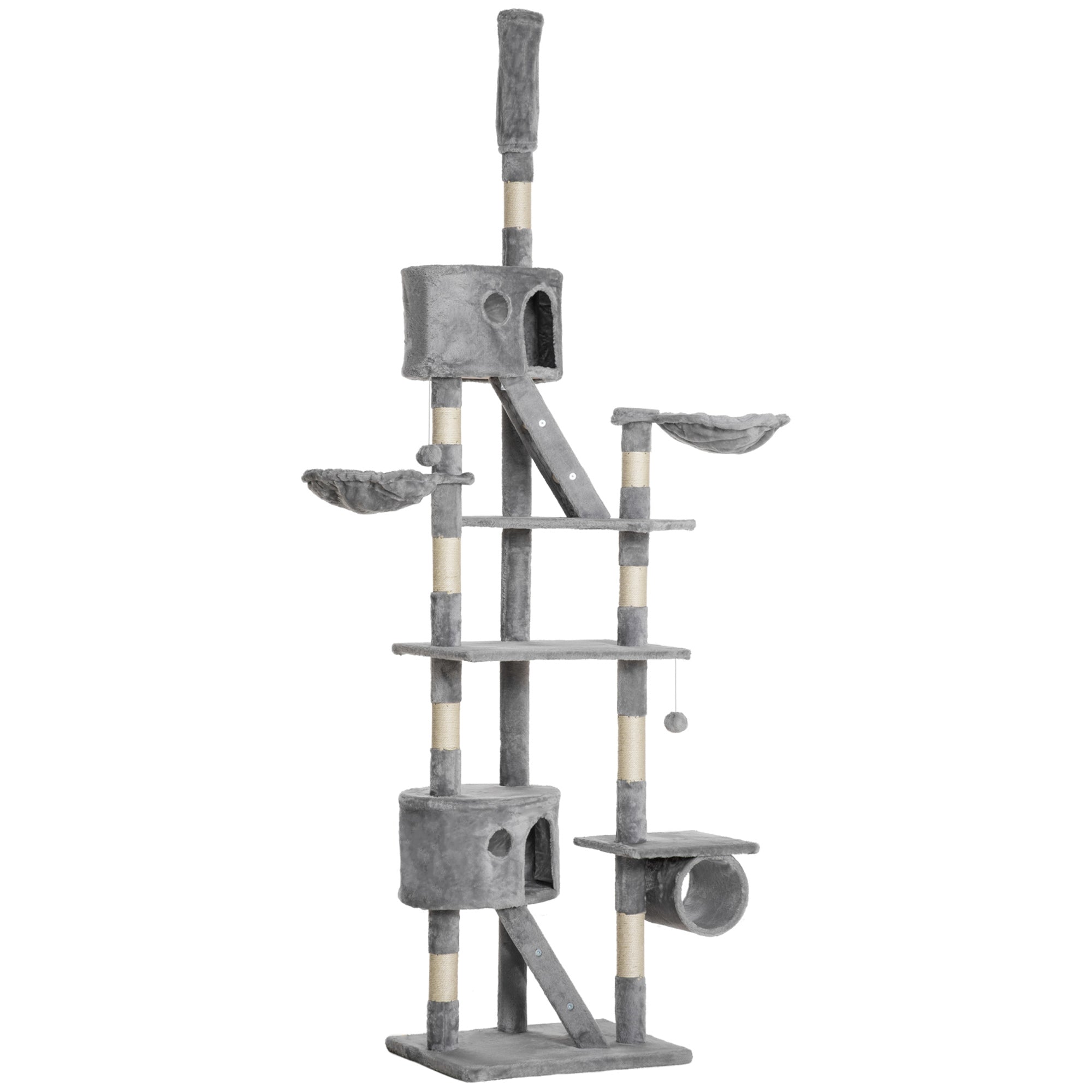 PawHut Floor to Ceiling Cat Tree, 240-260cm Adjustable Height Cat Tower with Scratching Posts, Cat Houses, Ramps, Hammocks, Toy Balls, Tunnel for Indoor Cats - Light Grey