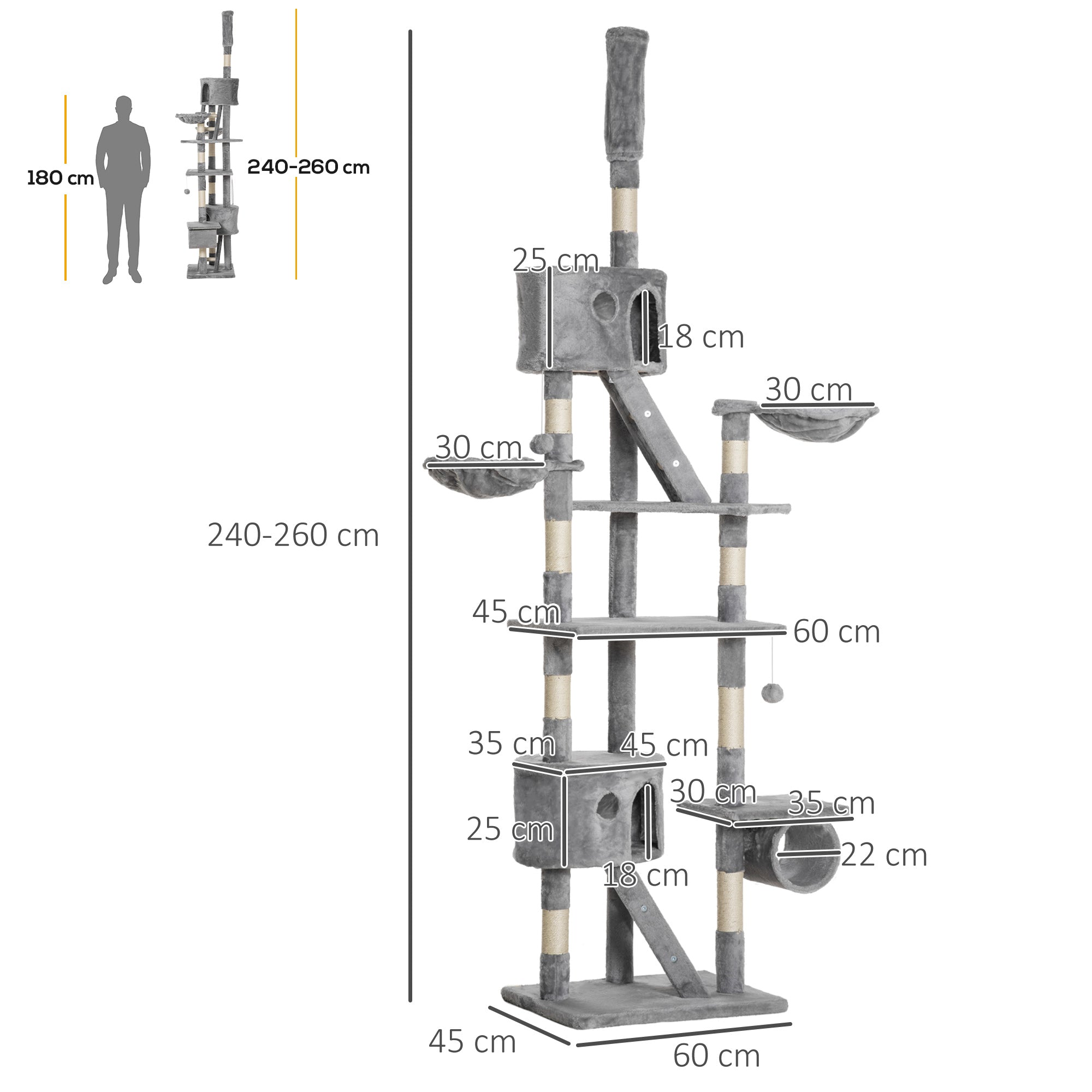PawHut Floor to Ceiling Cat Tree, 240-260cm Adjustable Height Cat Tower with Scratching Posts, Cat Houses, Ramps, Hammocks, Toy Balls, Tunnel for Indoor Cats - Light Grey