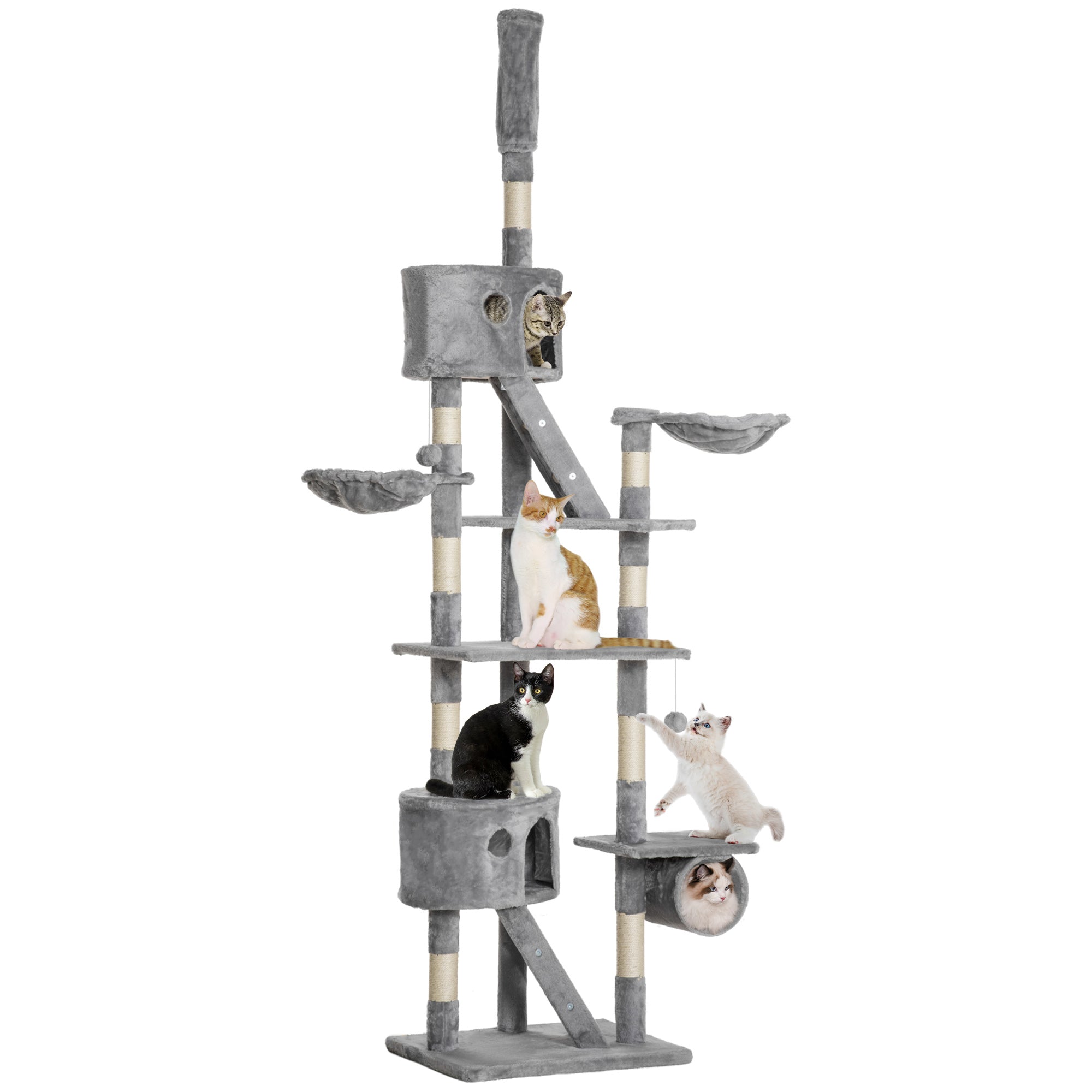 PawHut Cat Tower for Large Cats Adult, Floor to Ceiling Cat Tree Adjustable Height 94"-102" Multi-Level with Scratching Posts, Cozy Hammock, Dangling Ball Toy, Light Grey