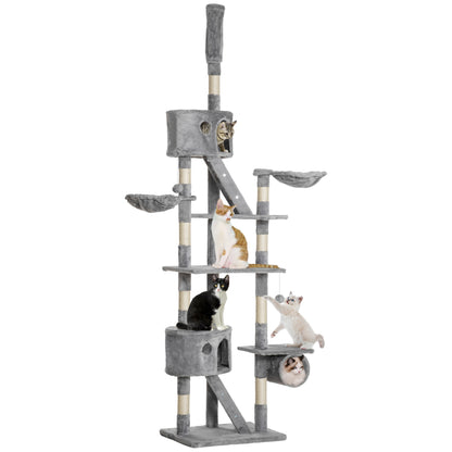 PawHut Cat Tower for Large Cats Adult, Floor to Ceiling Cat Tree Adjustable Height 94"-102" Multi-Level with Scratching Posts, Cozy Hammock, Dangling Ball Toy, Light Grey