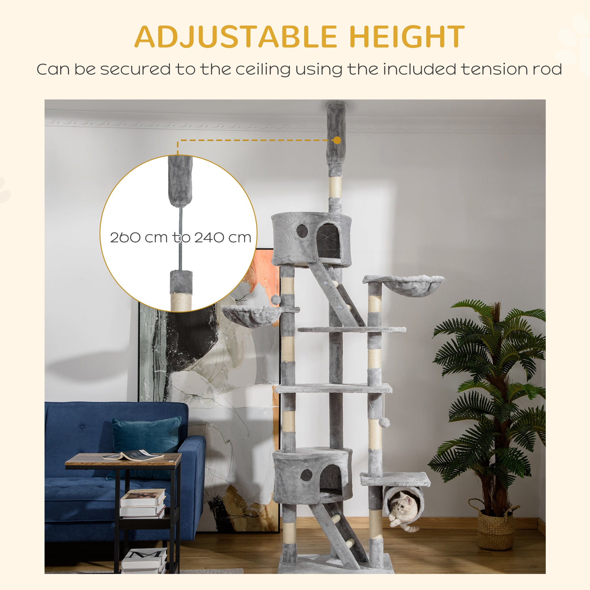 PawHut Floor to Ceiling Cat Tree, 240-260cm Adjustable Height Cat Tower with Scratching Posts, Cat Houses, Ramps, Hammocks, Toy Balls, Tunnel for Indoor Cats - Light Grey