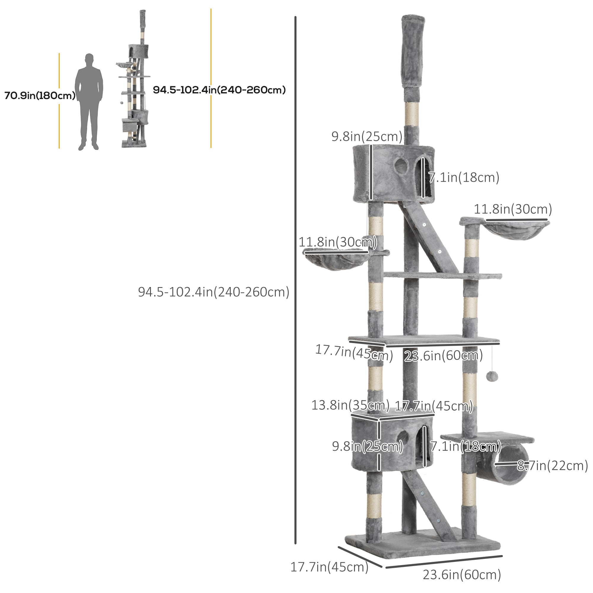 PawHut Cat Tower for Large Cats Adult, Floor to Ceiling Cat Tree Adjustable Height 94"-102" Multi-Level with Scratching Posts, Cozy Hammock, Dangling Ball Toy, Light Grey