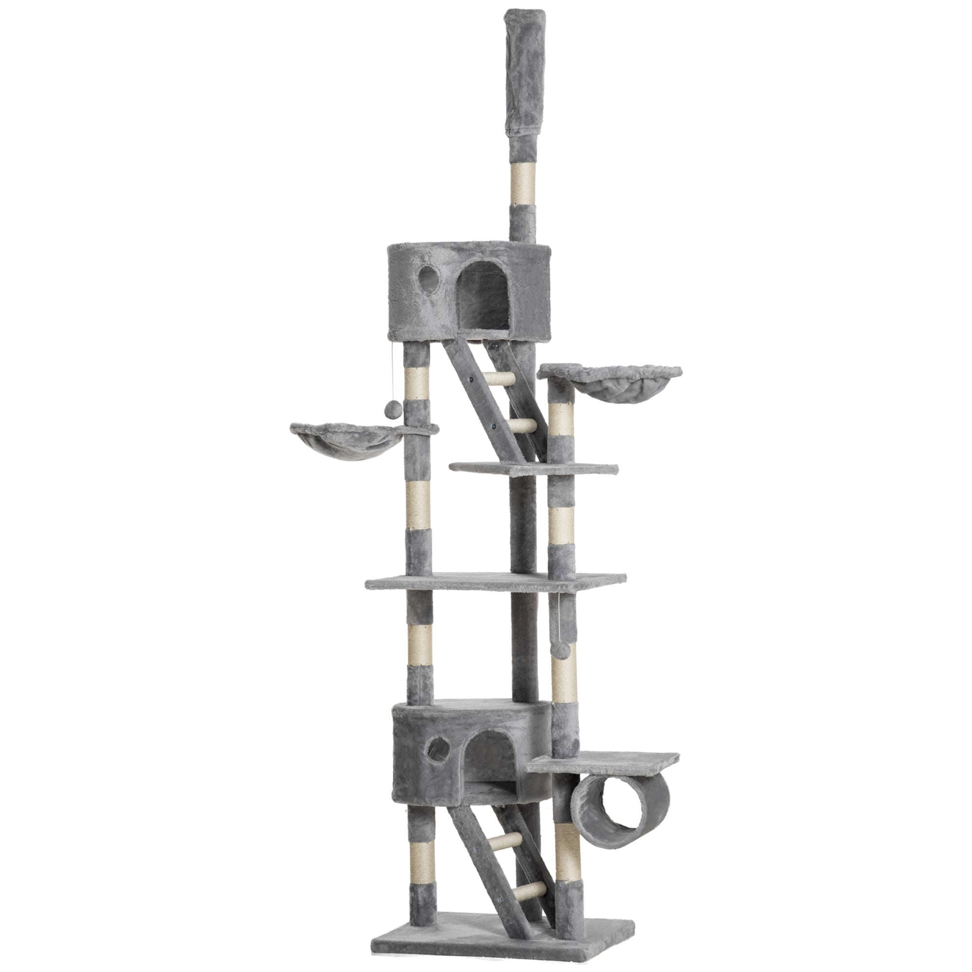 PawHut Floor to Ceiling Cat Tree, 240-260cm Adjustable Height Cat Tower with Scratching Posts, Cat Houses, Ramps, Hammocks, Toy Balls, Tunnel for Indoor Cats - Light Grey