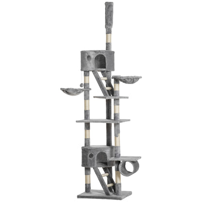 PawHut Floor to Ceiling Cat Tree, 240-260cm Adjustable Height Cat Tower with Scratching Posts, Cat Houses, Ramps, Hammocks, Toy Balls, Tunnel for Indoor Cats - Light Grey