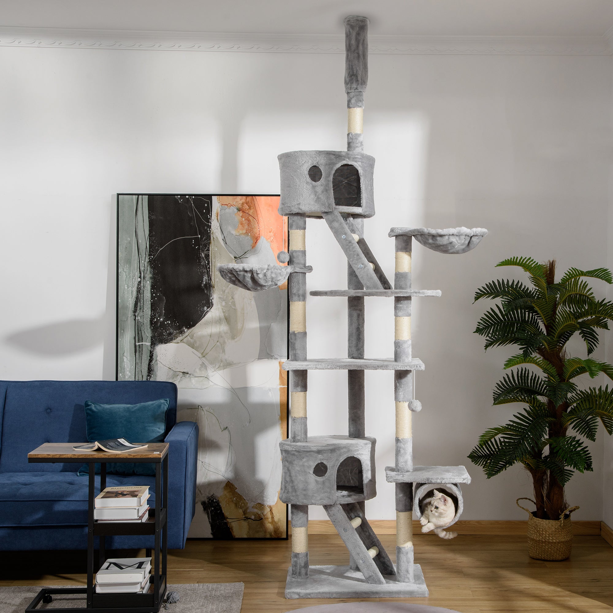 PawHut Floor to Ceiling Cat Tree, 240-260cm Adjustable Height Cat Tower with Scratching Posts, Cat Houses, Ramps, Hammocks, Toy Balls, Tunnel for Indoor Cats - Light Grey