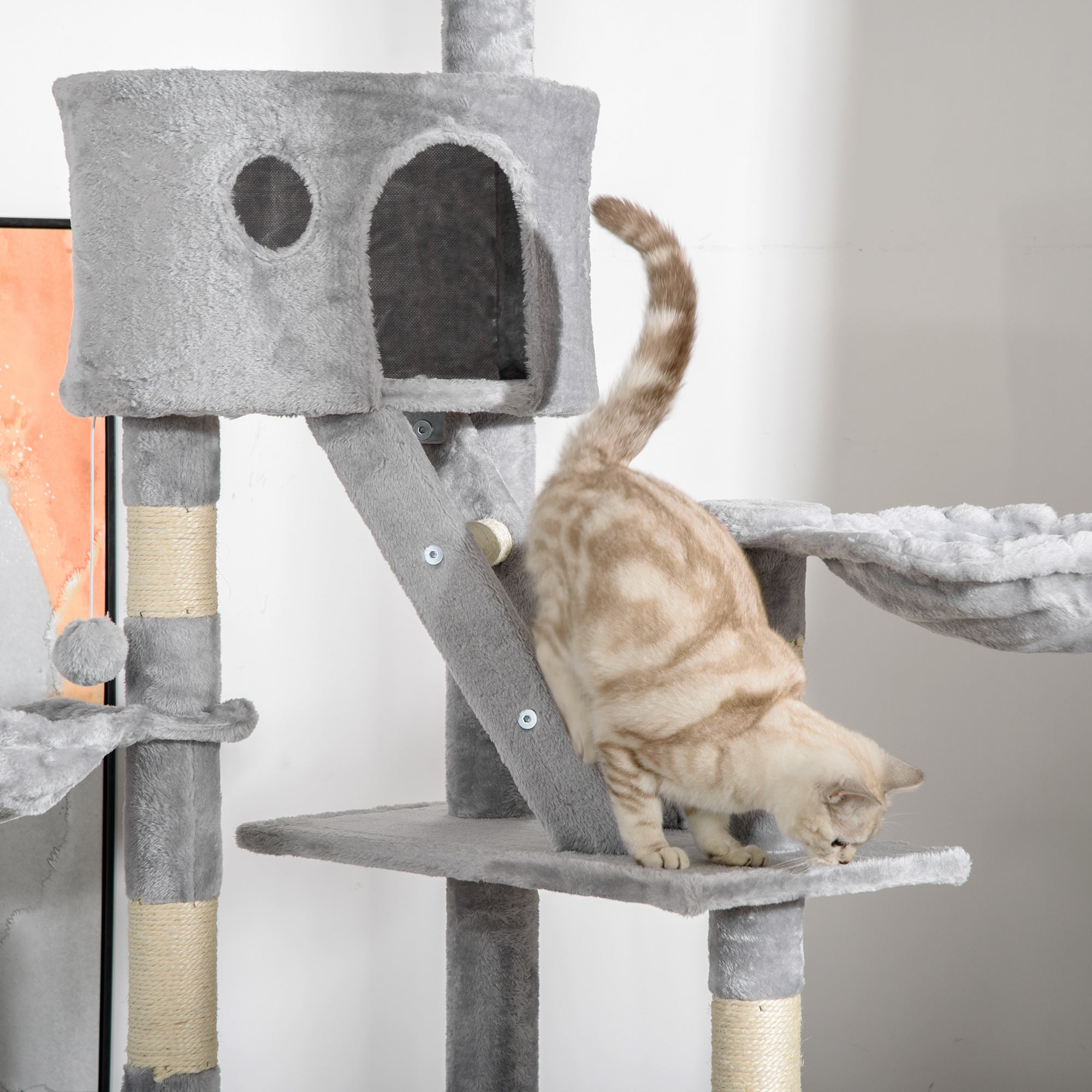 PawHut Floor to Ceiling Cat Tree, 240-260cm Adjustable Height Cat Tower with Scratching Posts, Cat Houses, Ramps, Hammocks, Toy Balls, Tunnel for Indoor Cats - Light Grey