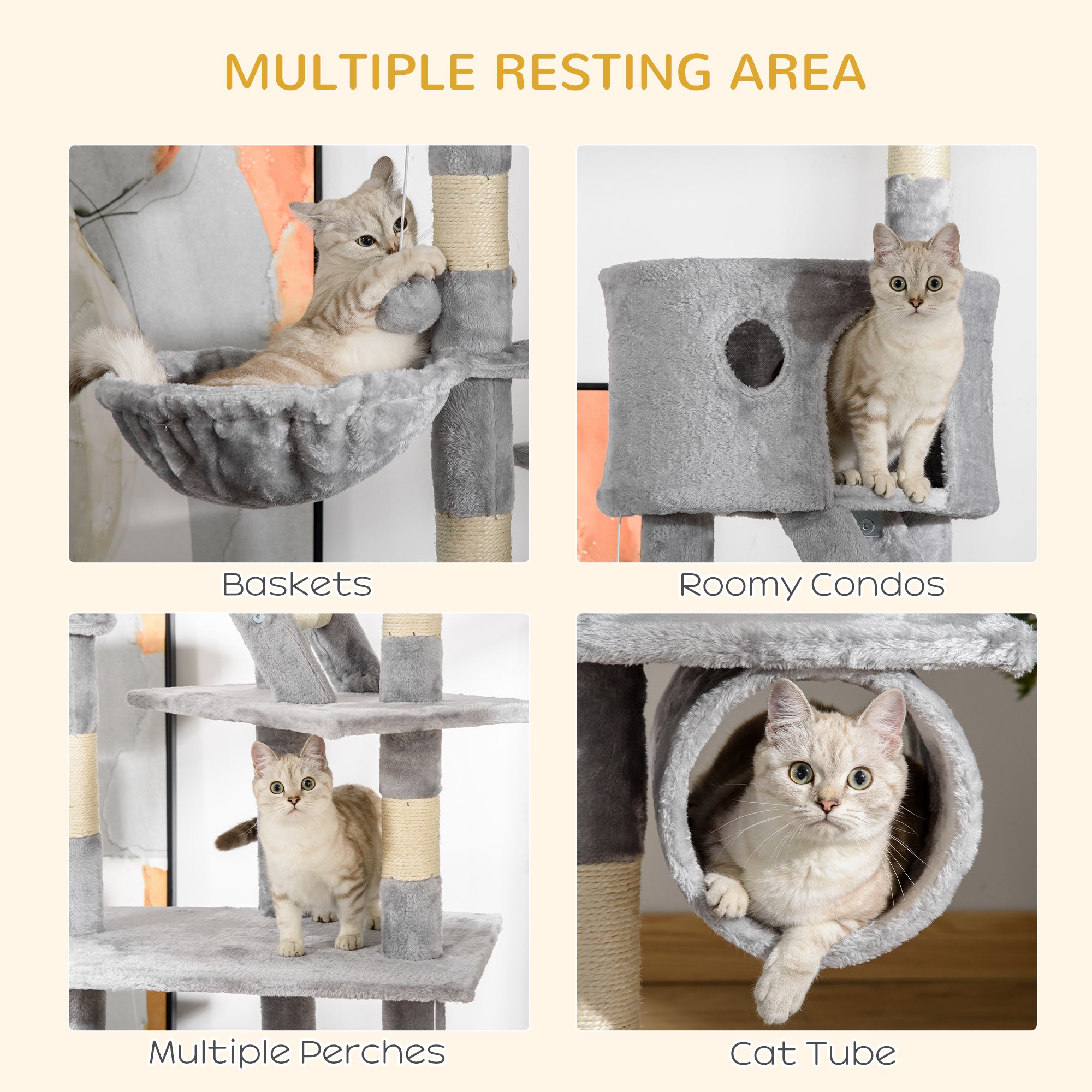 PawHut Floor to Ceiling Cat Tree, 240-260cm Adjustable Height Cat Tower with Scratching Posts, Cat Houses, Ramps, Hammocks, Toy Balls, Tunnel for Indoor Cats - Light Grey