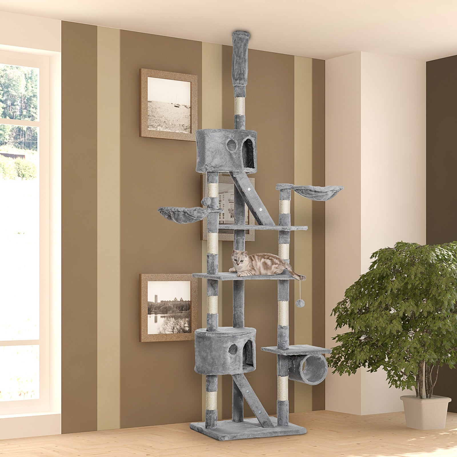 PawHut Cat Tower for Large Cats Adult, Floor to Ceiling Cat Tree Adjustable Height 94"-102" Multi-Level with Scratching Posts, Cozy Hammock, Dangling Ball Toy, Light Grey