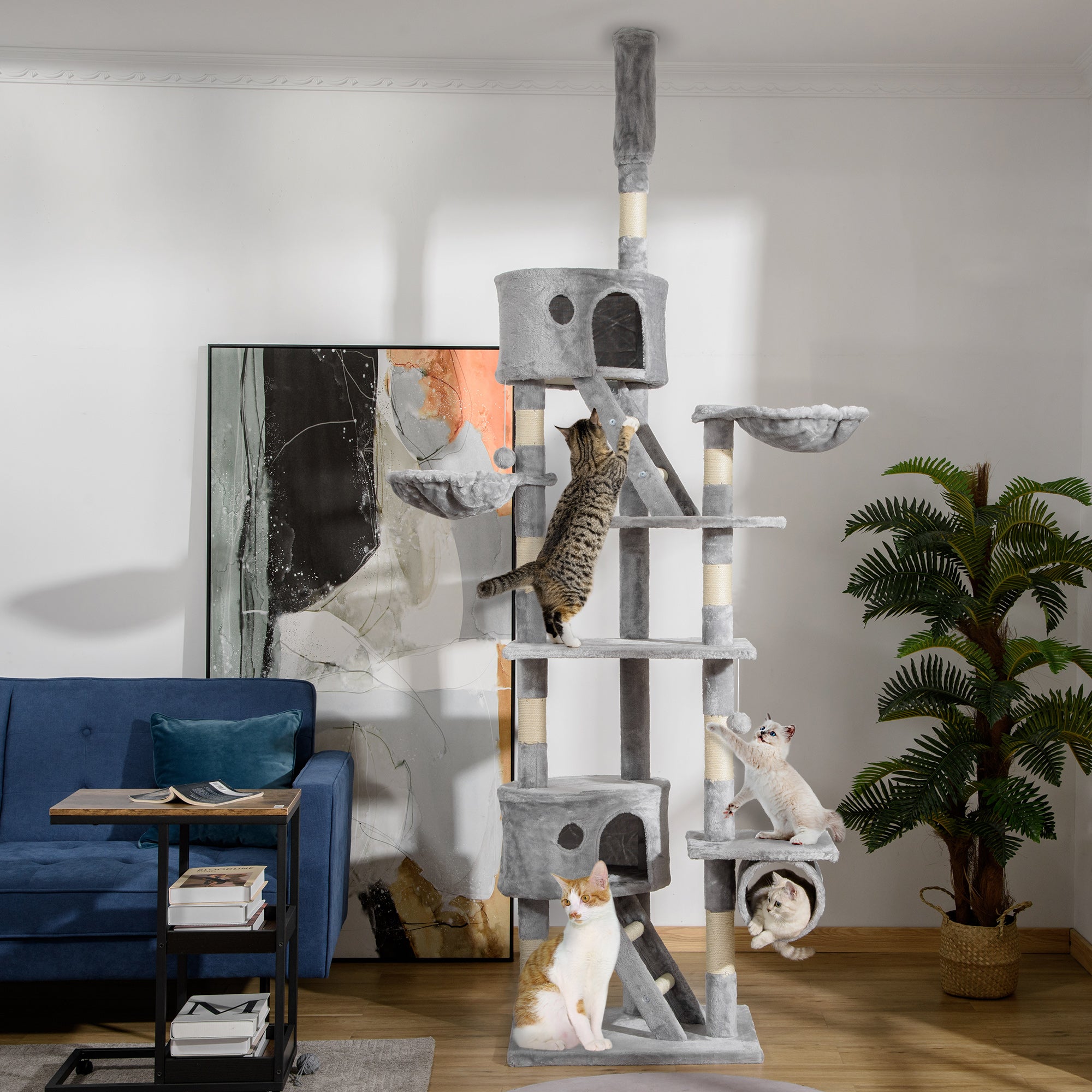 PawHut Cat Tower for Large Cats Adult, Floor to Ceiling Cat Tree Adjustable Height 94"-102" Multi-Level with Scratching Posts, Cozy Hammock, Dangling Ball Toy, Light Grey