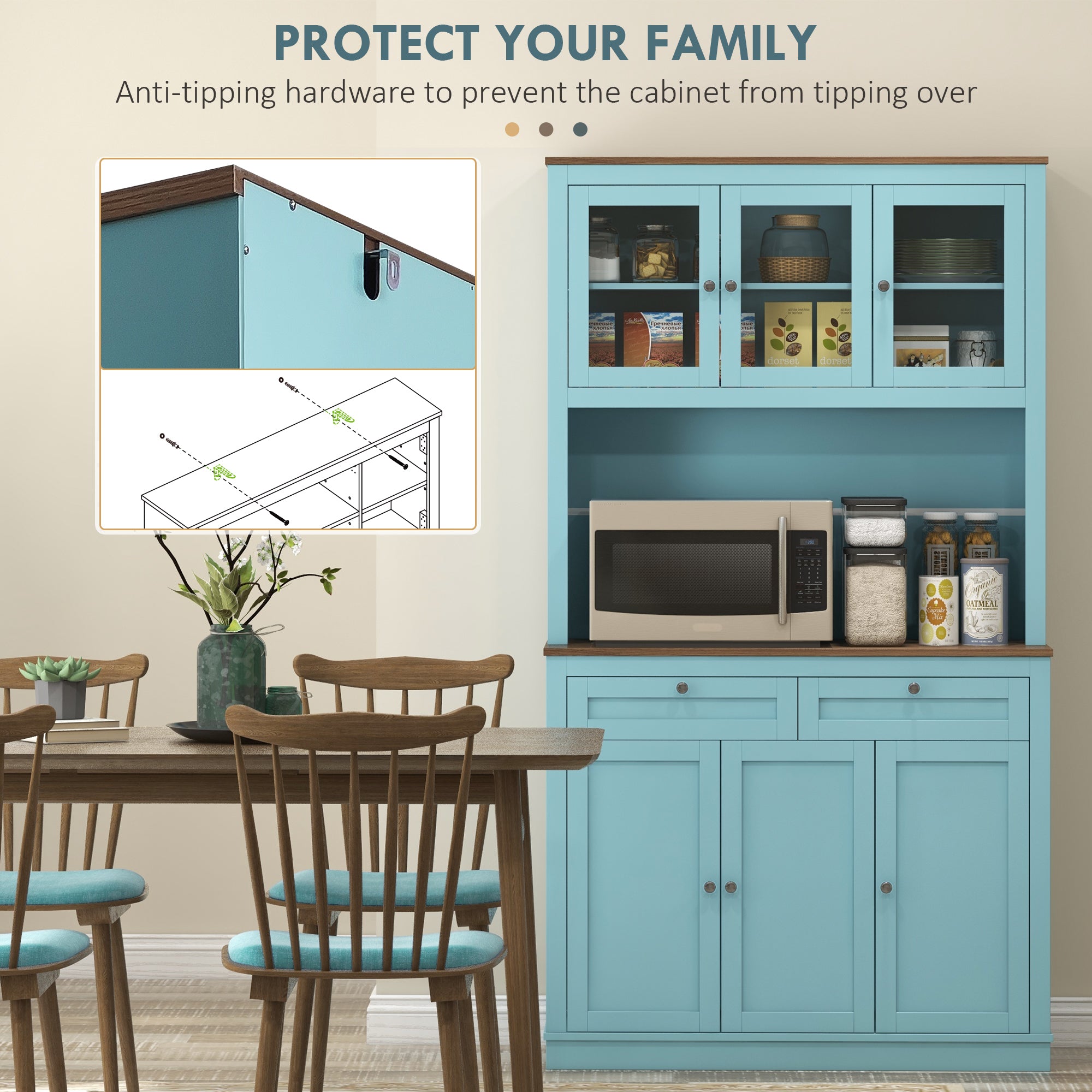 HOMCOM 71" Pantry Cabinet with Microwave Countertop, Tall Kitchen Hutch with 2 Drawers, Freestanding Storage Cabinet with Adjustable Shelves, Glass and Shaker Doors, Blue