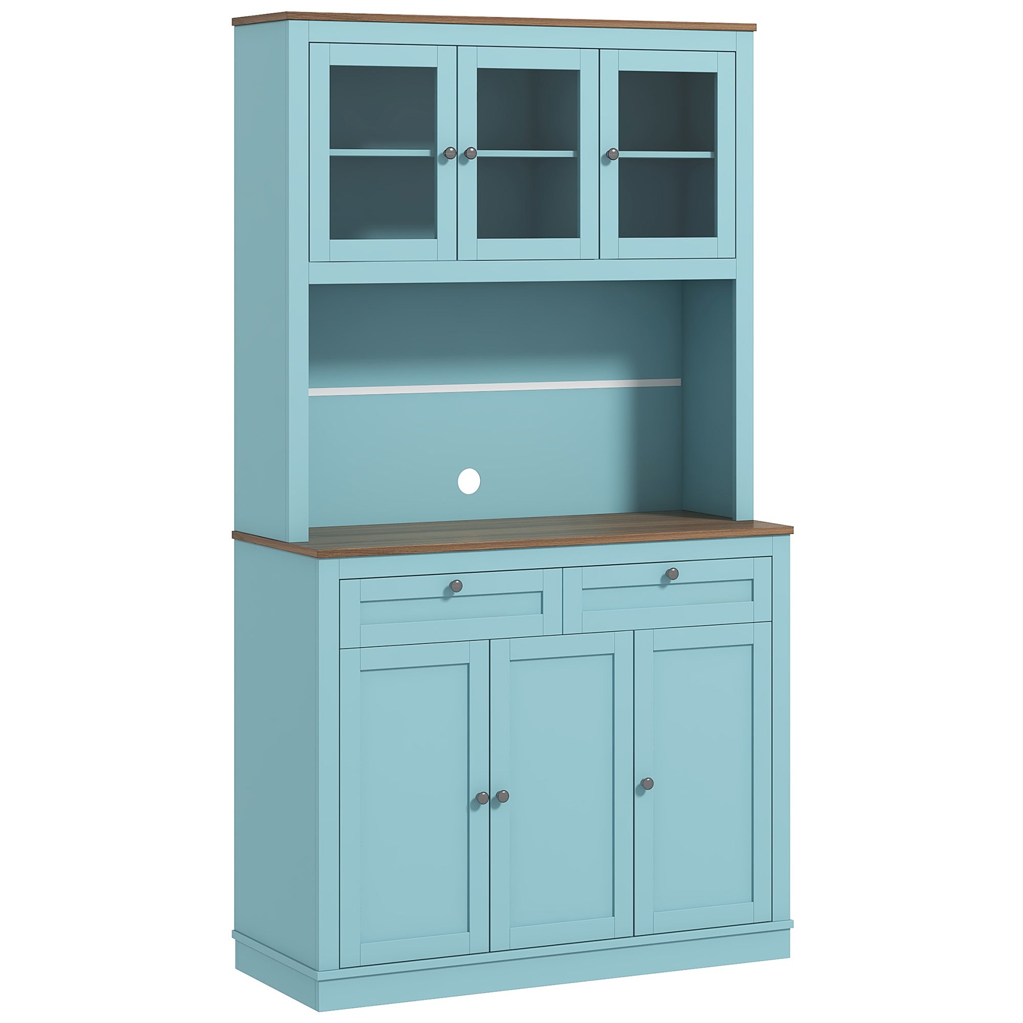 HOMCOM 71" Pantry Cabinet with Microwave Countertop, Tall Kitchen Hutch with 2 Drawers, Freestanding Storage Cabinet with Adjustable Shelves, Glass and Shaker Doors, Blue