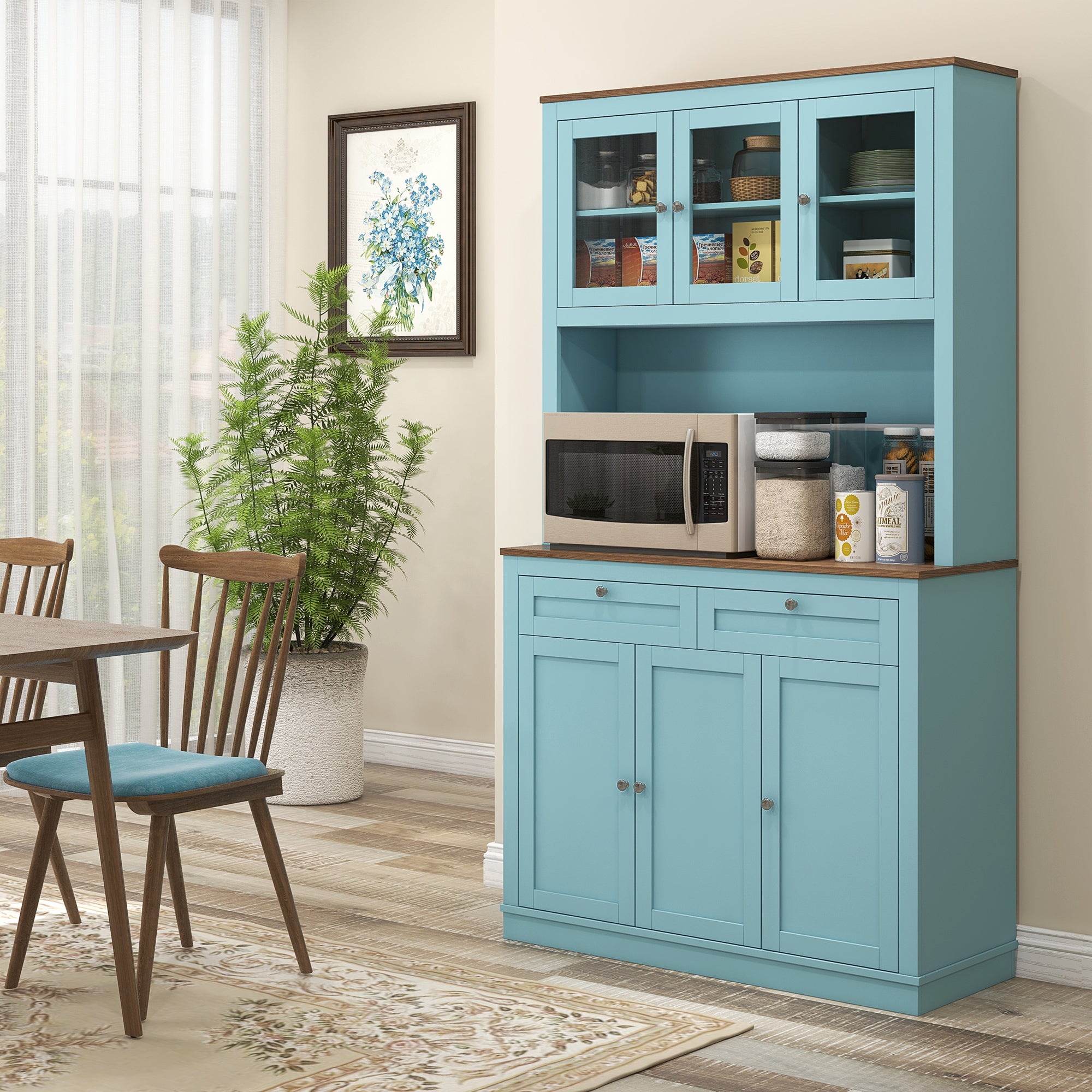 HOMCOM 71" Pantry Cabinet with Microwave Countertop, Tall Kitchen Hutch with 2 Drawers, Freestanding Storage Cabinet with Adjustable Shelves, Glass and Shaker Doors, Blue