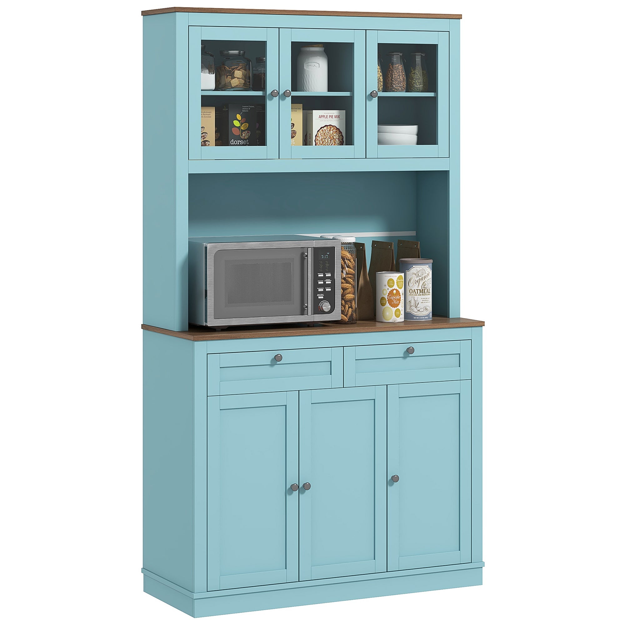 HOMCOM 71" Pantry Cabinet with Microwave Countertop, Tall Kitchen Hutch with 2 Drawers, Freestanding Storage Cabinet with Adjustable Shelves, Glass and Shaker Doors, Blue