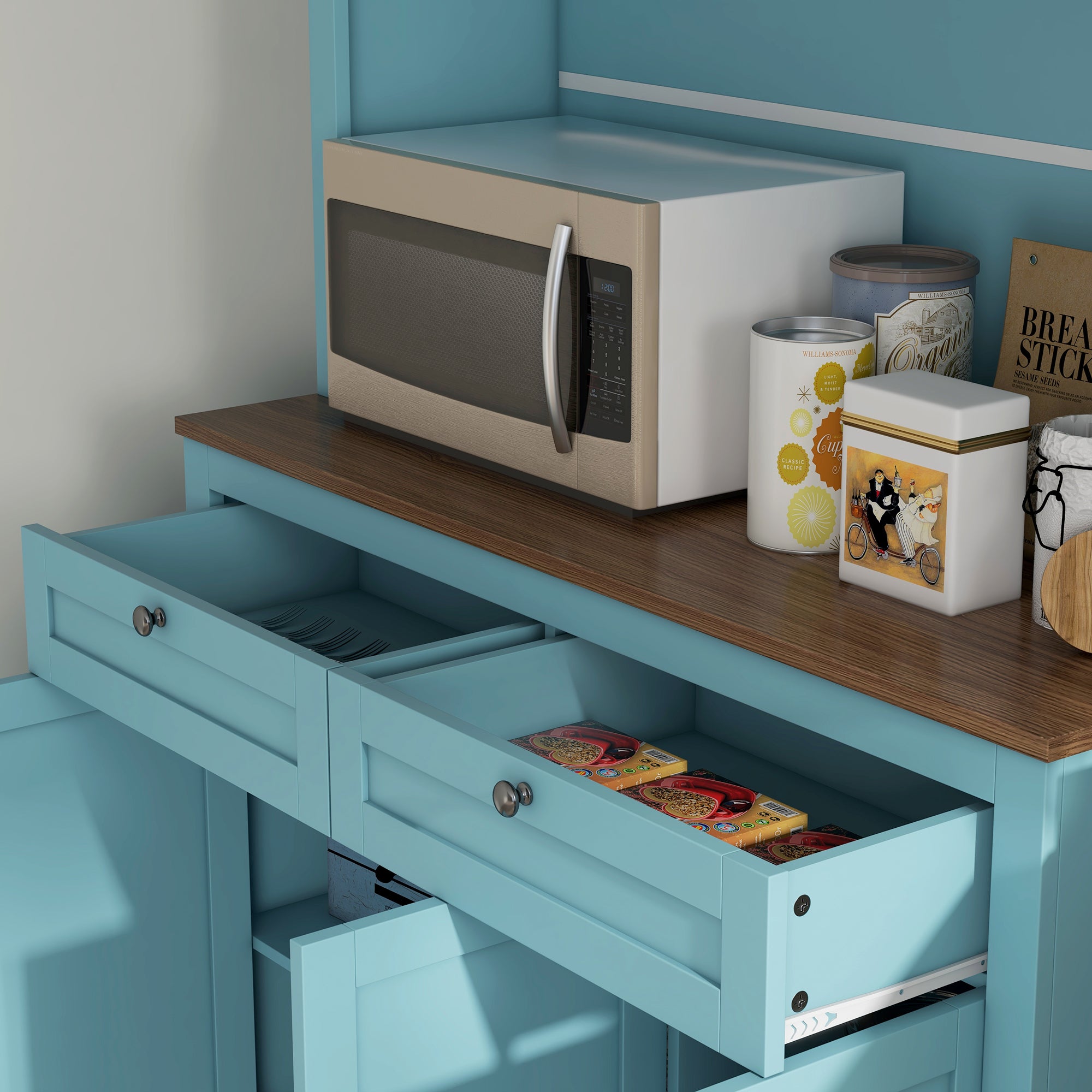 HOMCOM 71" Pantry Cabinet with Microwave Countertop, Tall Kitchen Hutch with 2 Drawers, Freestanding Storage Cabinet with Adjustable Shelves, Glass and Shaker Doors, Blue