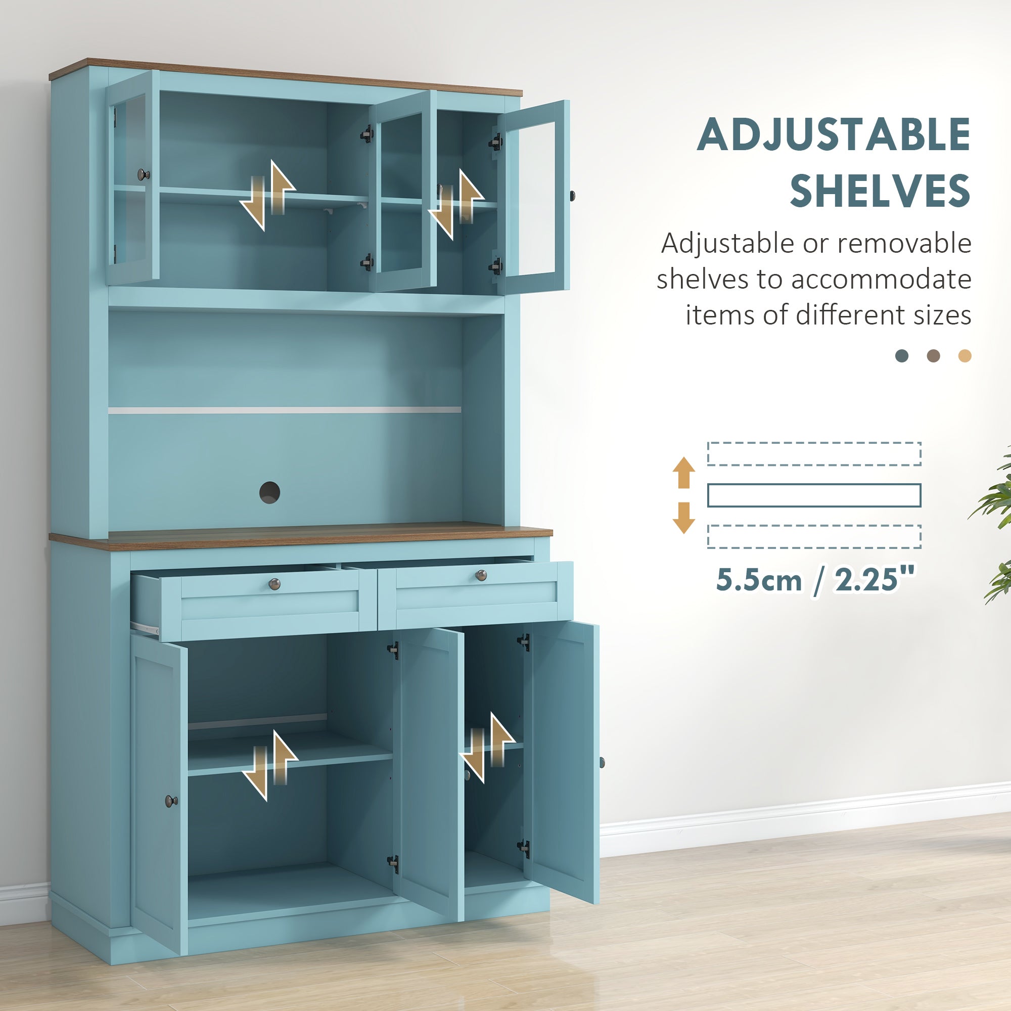 HOMCOM 71" Pantry Cabinet with Microwave Countertop, Tall Kitchen Hutch with 2 Drawers, Freestanding Storage Cabinet with Adjustable Shelves, Glass and Shaker Doors, Blue