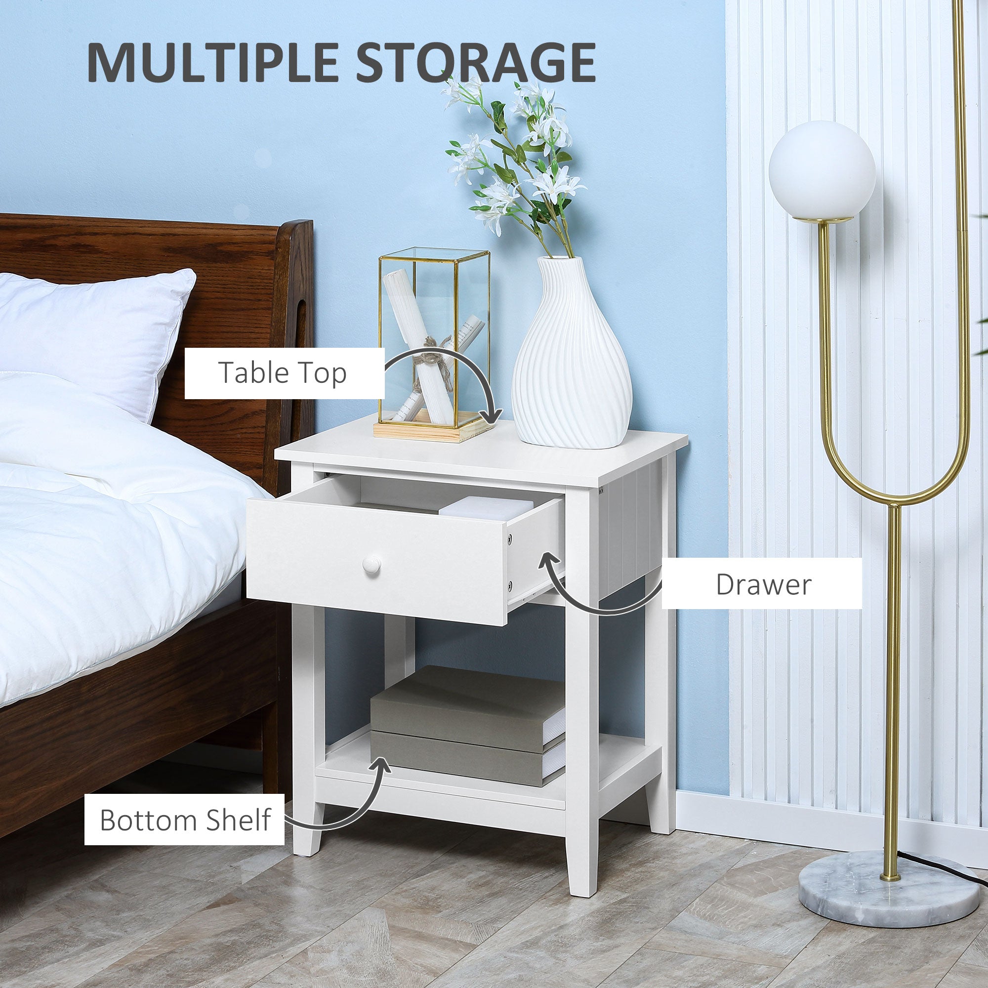 HOMCOM Modern Style Nightstand, Side Table with Drawer and Storage Shelf for Bedroom, 19.7