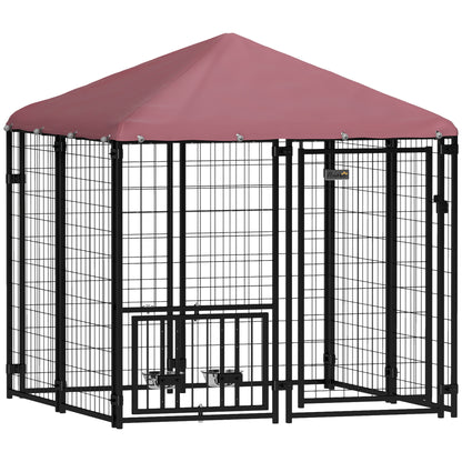 PawHut 4.6' x 4.6' x 5' Outdoor Dog Kennel, Welded Wire Heavy Duty Dog Run with 360° Rotating & 4 Level Adjustable Bowls, Dog Kennel Outside with Waterproof & UV Resistant Cover, for S&M Dogs