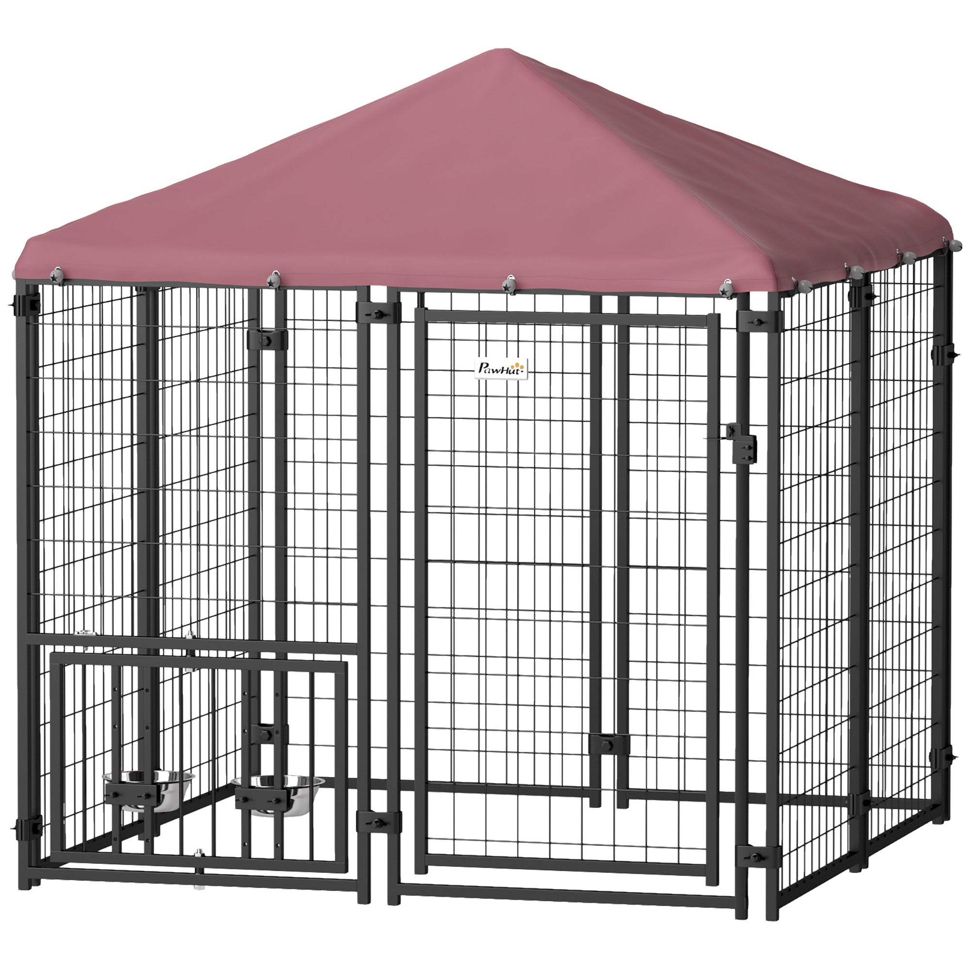 PawHut 4.6' x 4.6' x 5' Outdoor Dog Kennel, Welded Wire Heavy Duty Dog Run with 360° Rotating & 4 Level Adjustable Bowls, Dog Kennel Outside with Waterproof & UV Resistant Cover, for S&M Dogs