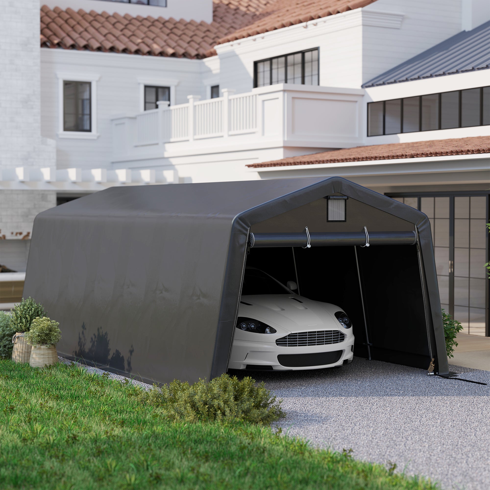 Outsunny 11' x 20' Heavy Duty Carport, Portable Garage Canopy Tent with 2 Ventilation Windows and Large Door, for Car, Truck, Boat, Motorcycle, Bike, Garden Tools, Dark Grey