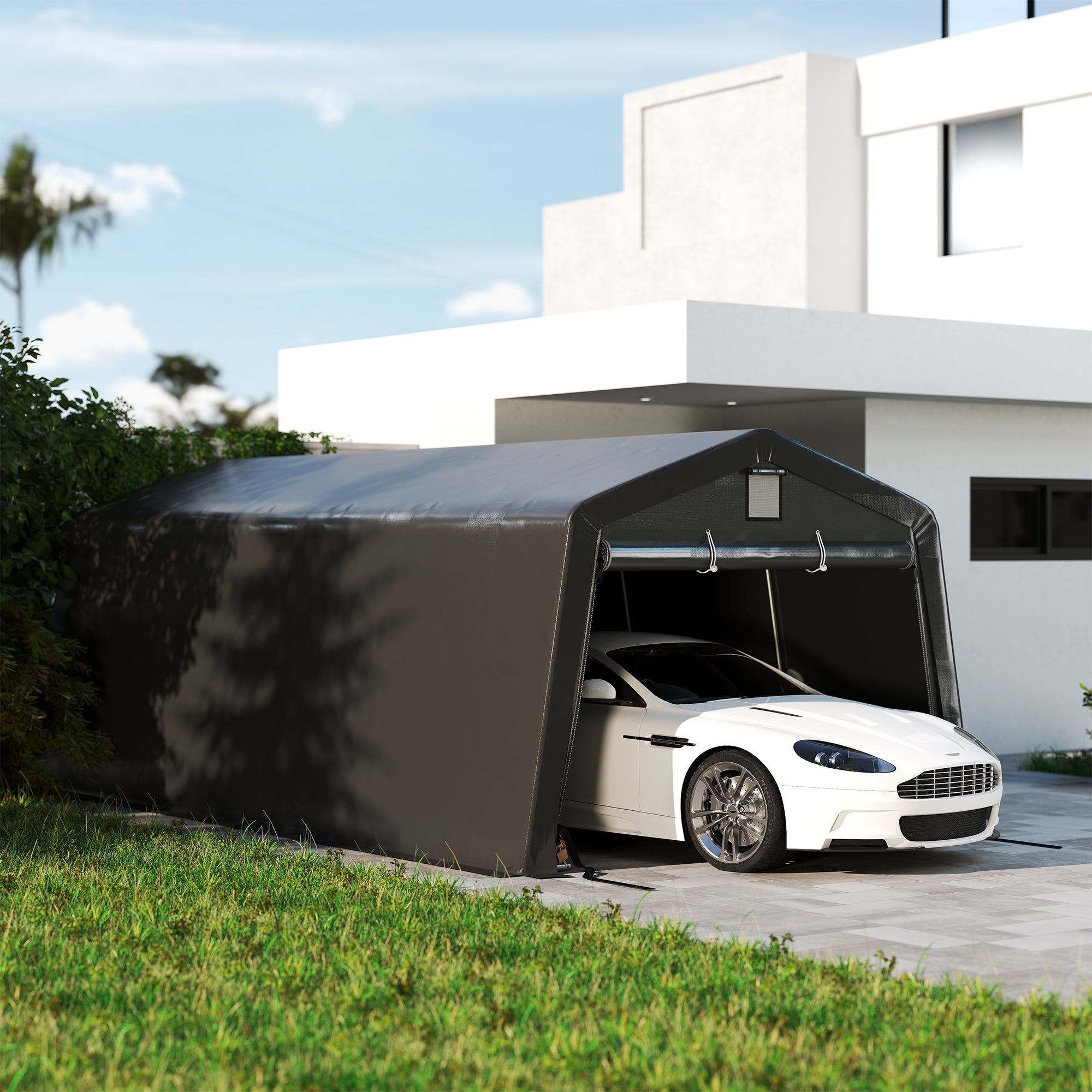 Outsunny 11' x 20' Heavy Duty Carport, Portable Garage Canopy Tent with 2 Ventilation Windows and Large Door, for Car, Truck, Boat, Motorcycle, Bike, Garden Tools, Dark Grey