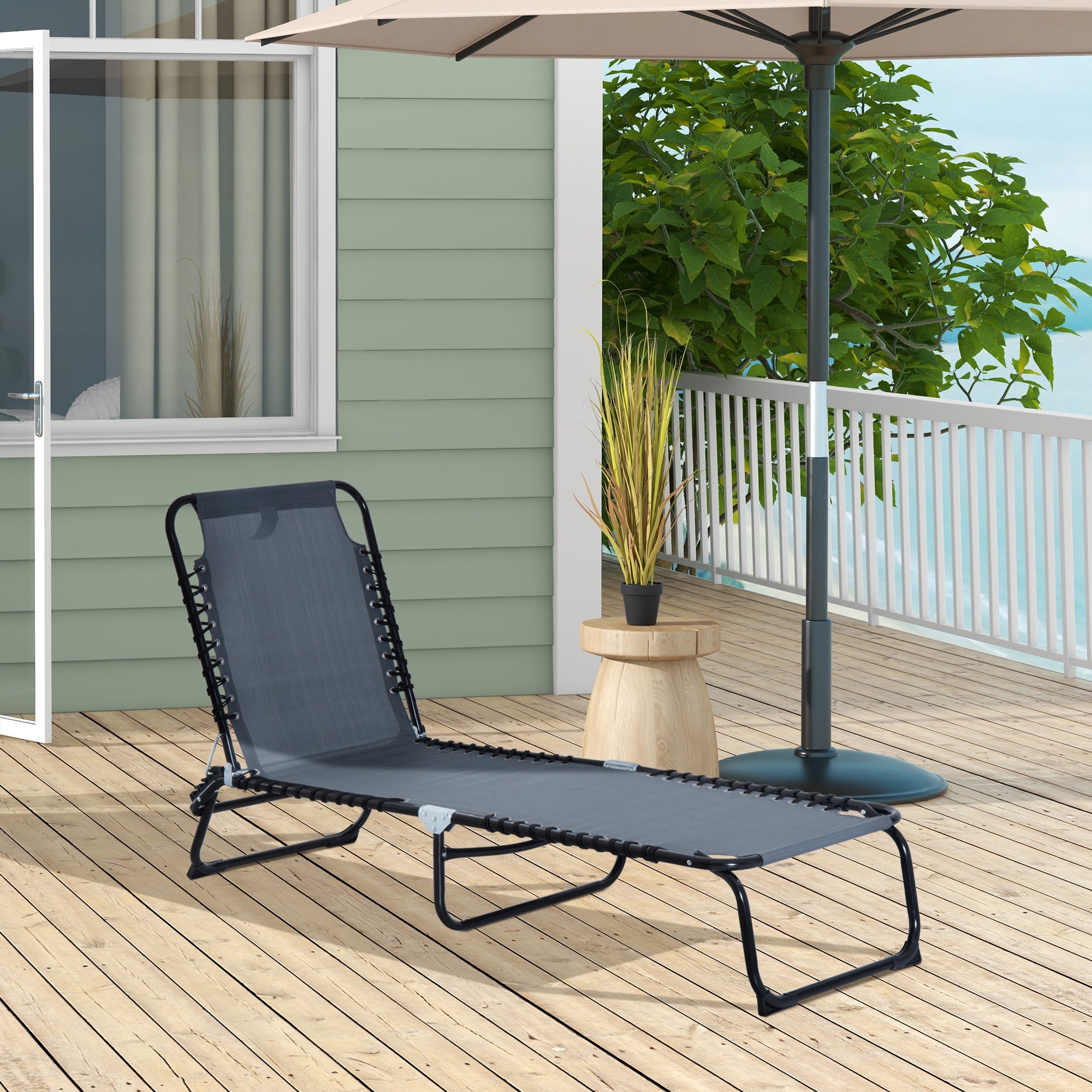 Outsunny Outdoor Folding Lounge Chair, 4-Level Adjustable Chaise Lounge with Headrest, Tanning Chair Beach Bed Reclining Lounger Cot for Camping, Hiking, Backyard, Grey