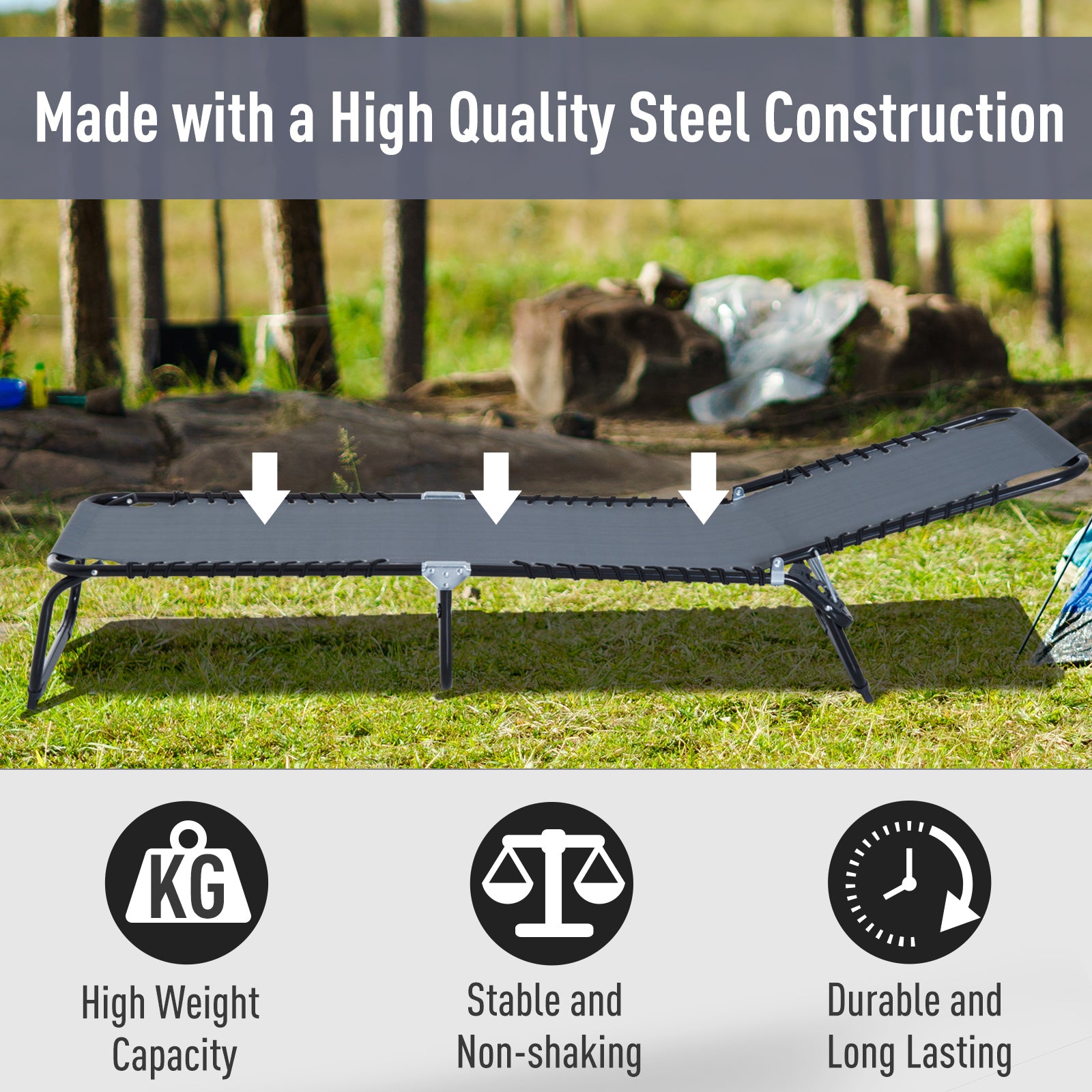 Outsunny Outdoor Folding Lounge Chair, 4-Level Adjustable Chaise Lounge with Headrest, Tanning Chair Beach Bed Reclining Lounger Cot for Camping, Hiking, Backyard, Grey