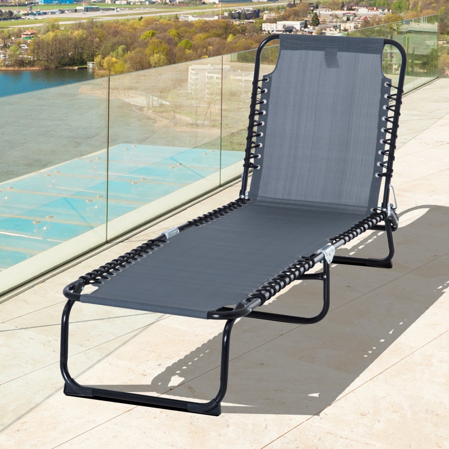 Outsunny Outdoor Folding Lounge Chair, 4-Level Adjustable Chaise Lounge with Headrest, Tanning Chair Beach Bed Reclining Lounger Cot for Camping, Hiking, Backyard, Grey