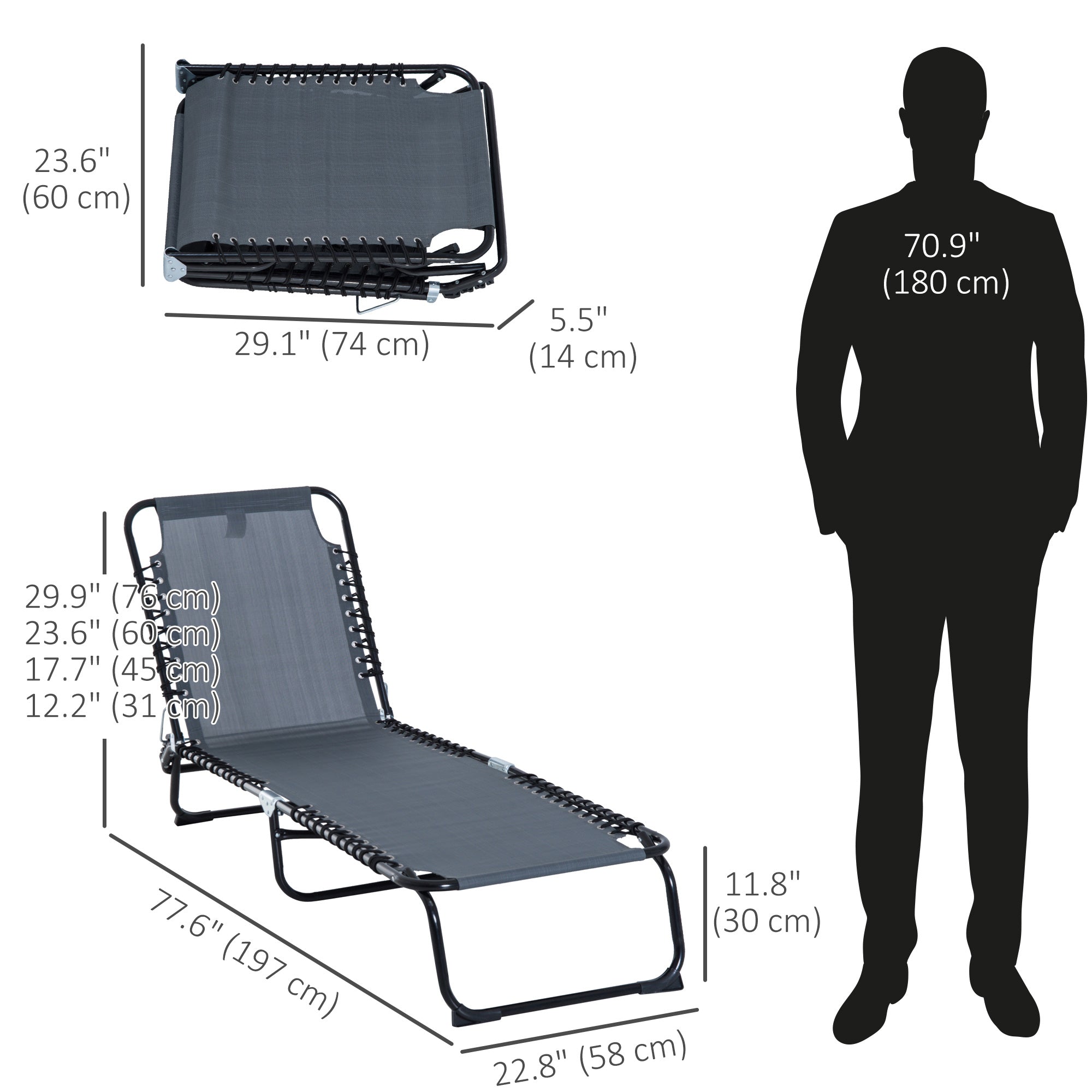 Outsunny Outdoor Folding Lounge Chair, 4-Level Adjustable Chaise Lounge with Headrest, Tanning Chair Beach Bed Reclining Lounger Cot for Camping, Hiking, Backyard, Grey