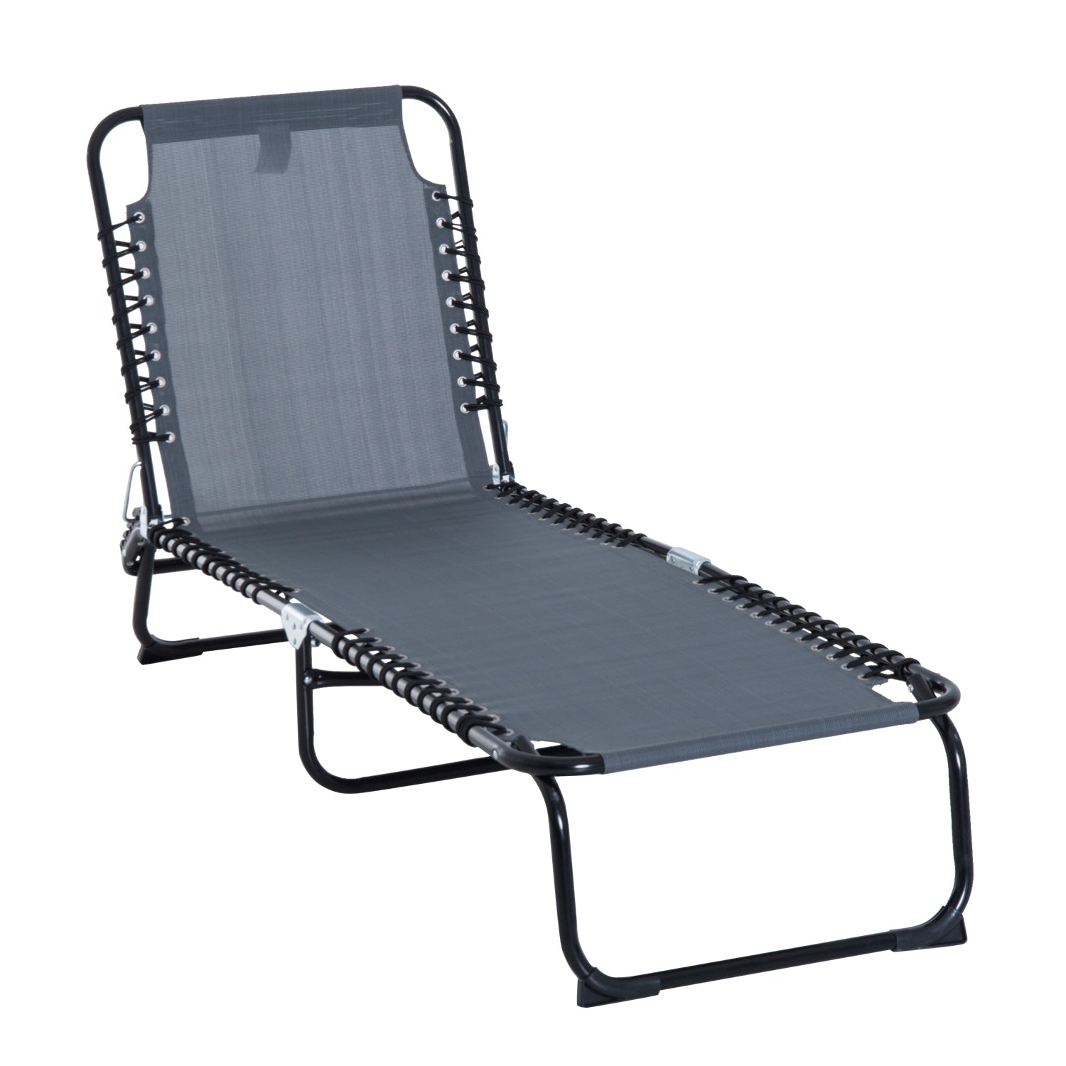 Outsunny Outdoor Folding Lounge Chair, 4-Level Adjustable Chaise Lounge with Headrest, Tanning Chair Beach Bed Reclining Lounger Cot for Camping, Hiking, Backyard, Grey