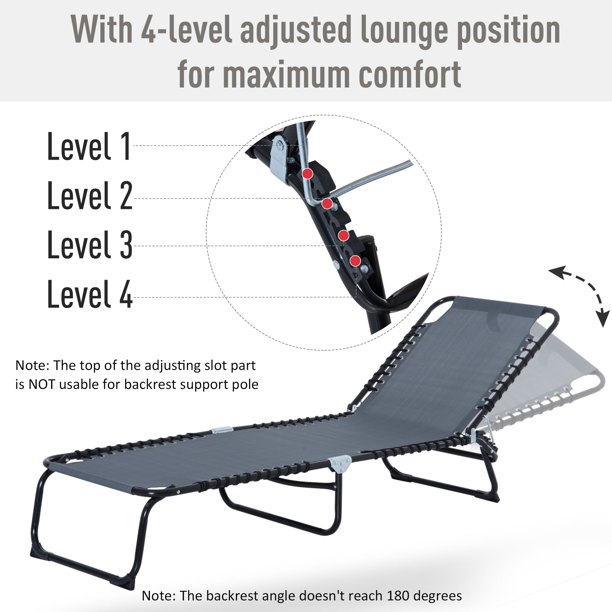 Outsunny Outdoor Folding Lounge Chair, 4-Level Adjustable Chaise Lounge with Headrest, Tanning Chair Beach Bed Reclining Lounger Cot for Camping, Hiking, Backyard, Grey