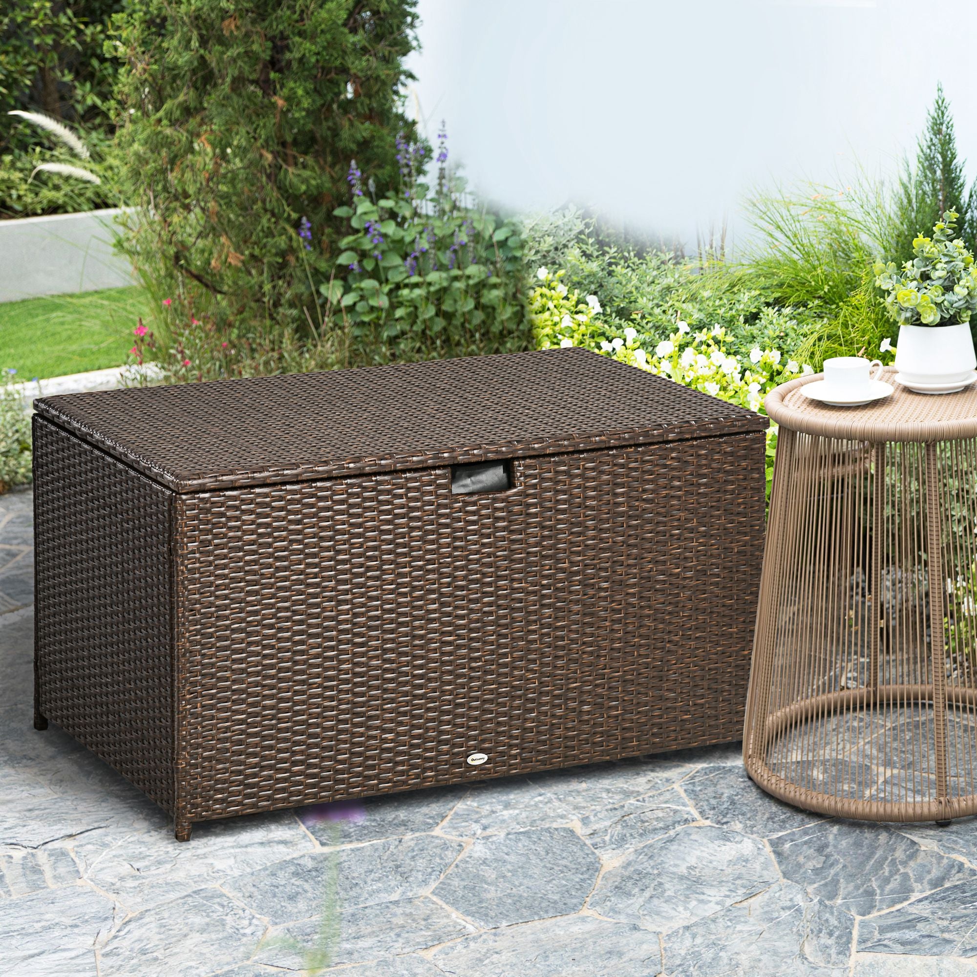 Outsunny Rattan Deck Box, Rattan 113 Gallon Outdoor Storage Box with Lid and Handle for Indoor, Patio Furniture Cushions, Pool and Garden Tools, Brown