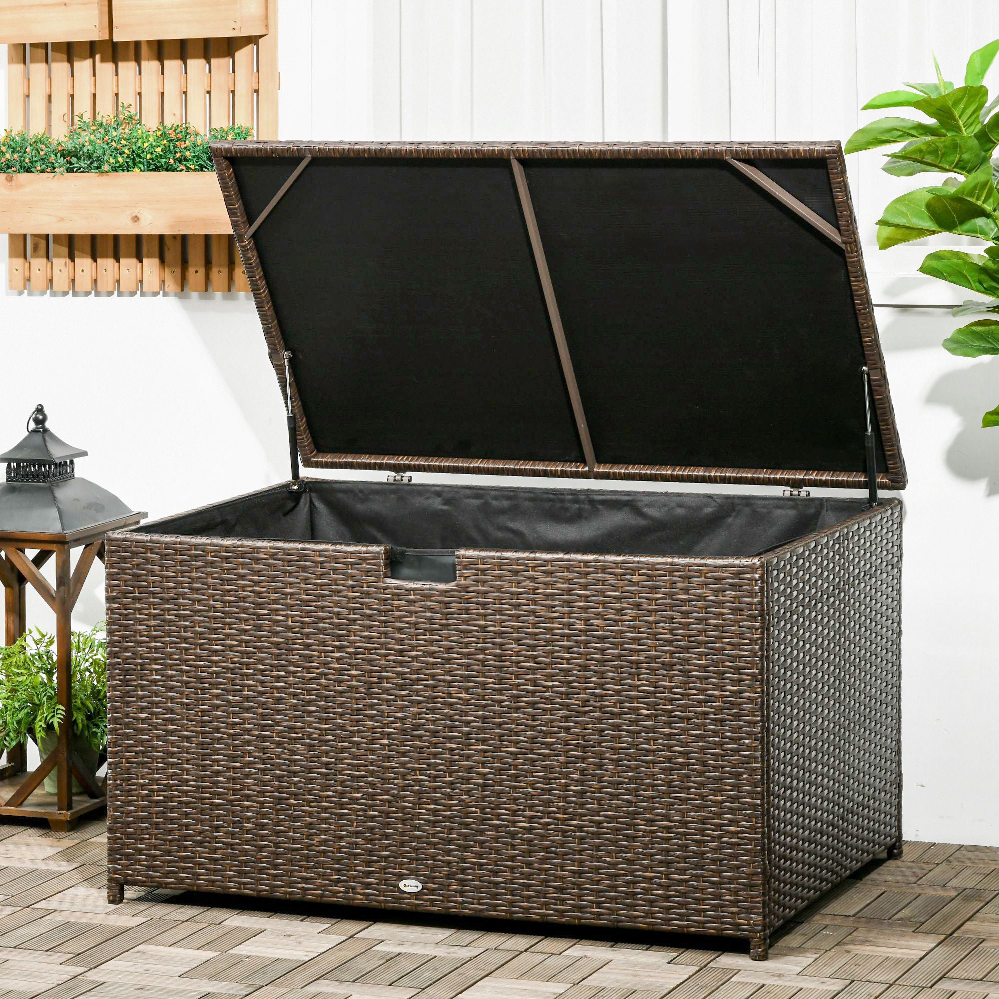 Outsunny Rattan Deck Box, Rattan 113 Gallon Outdoor Storage Box with Lid and Handle for Indoor, Patio Furniture Cushions, Pool and Garden Tools, Brown