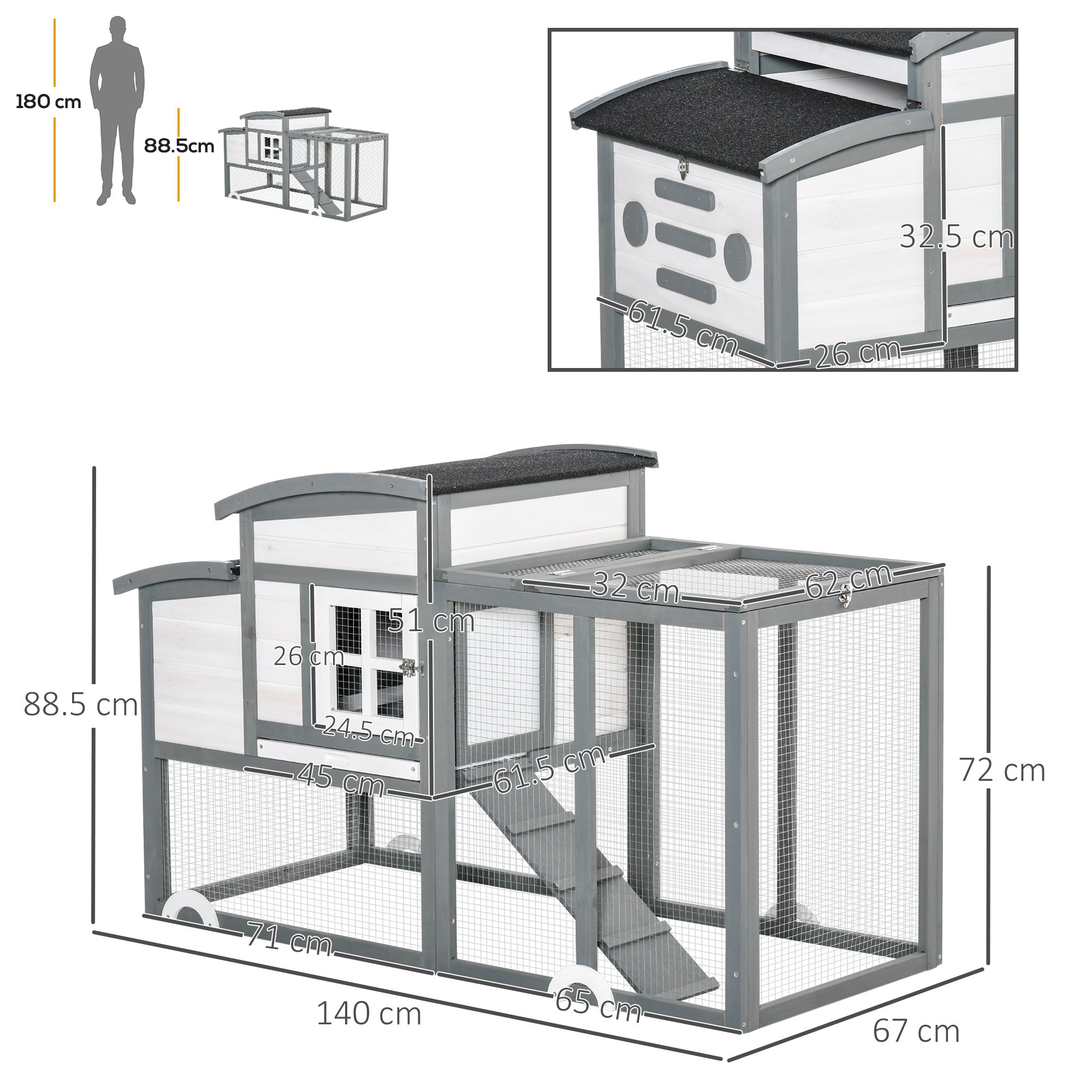 PawHut Chicken Coop with Run Hen Rabbit Hutch House Wooden Poultry Cage w/ Nesting Box Removable Tray Openable Roof Outdoor 140 x 67 x 88.5cm
