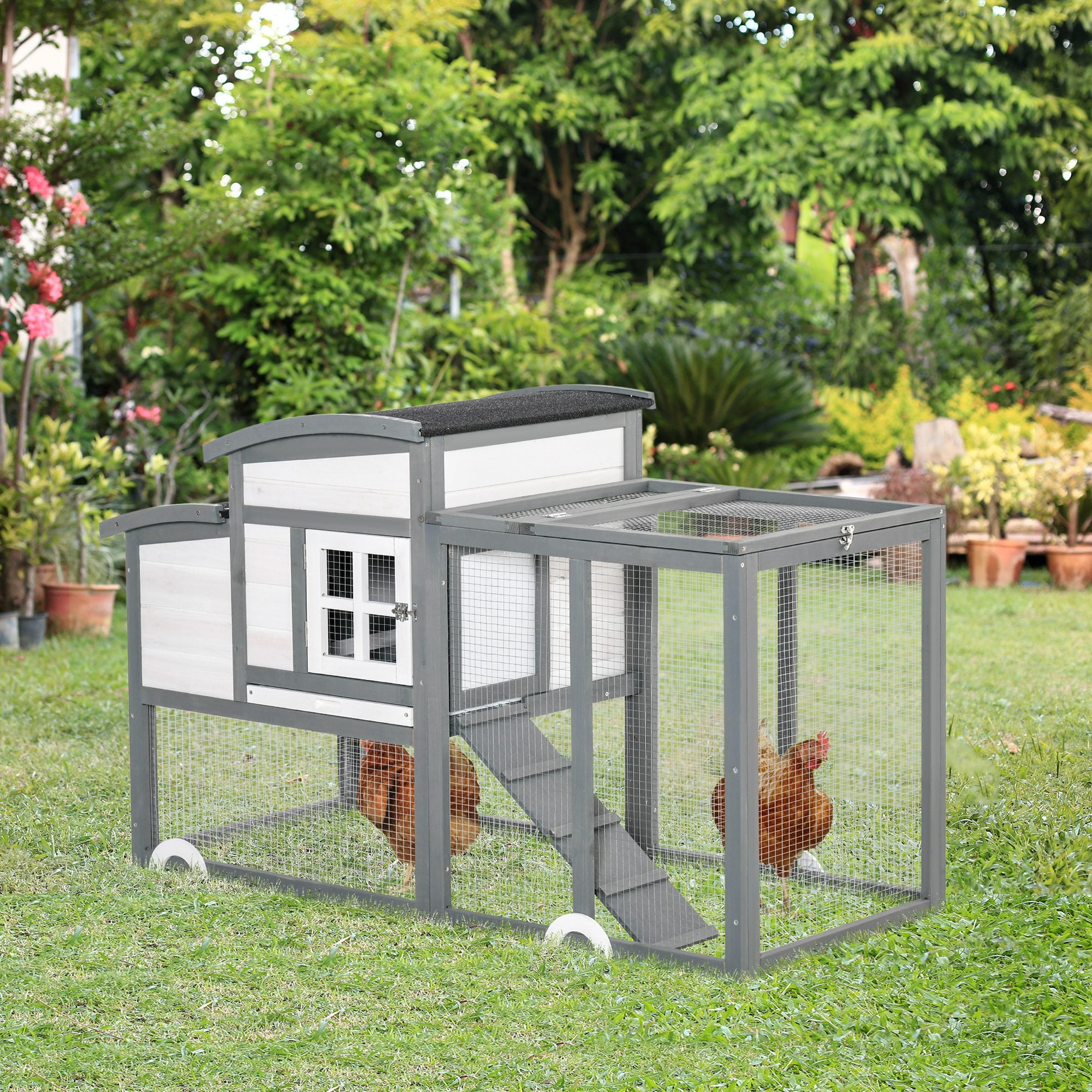 PawHut Chicken Coop with Run Hen Rabbit Hutch House Wooden Poultry Cage w/ Nesting Box Removable Tray Openable Roof Outdoor 140 x 67 x 88.5cm