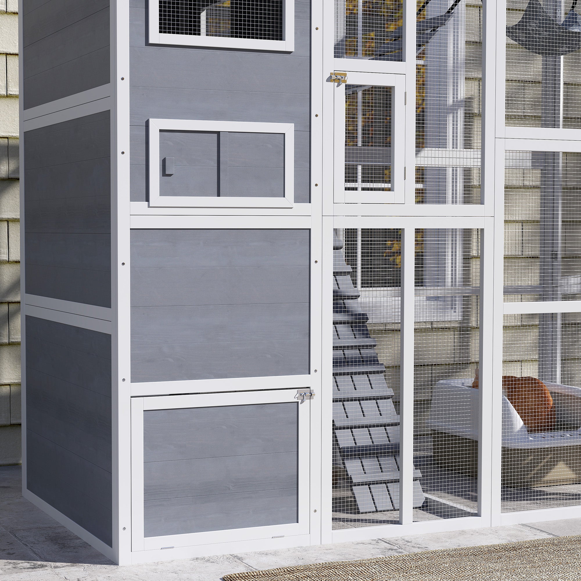 PawHut Catio Outdoor Cat Enclosure, Large Wooden Cat House with 4 Tiers Resting Rooms, 3 Platforms, 1 Soft Ladder, 2 Ramps, 1 Hammock, for 2-3 Cats, 76" x 36" x 68", Gray