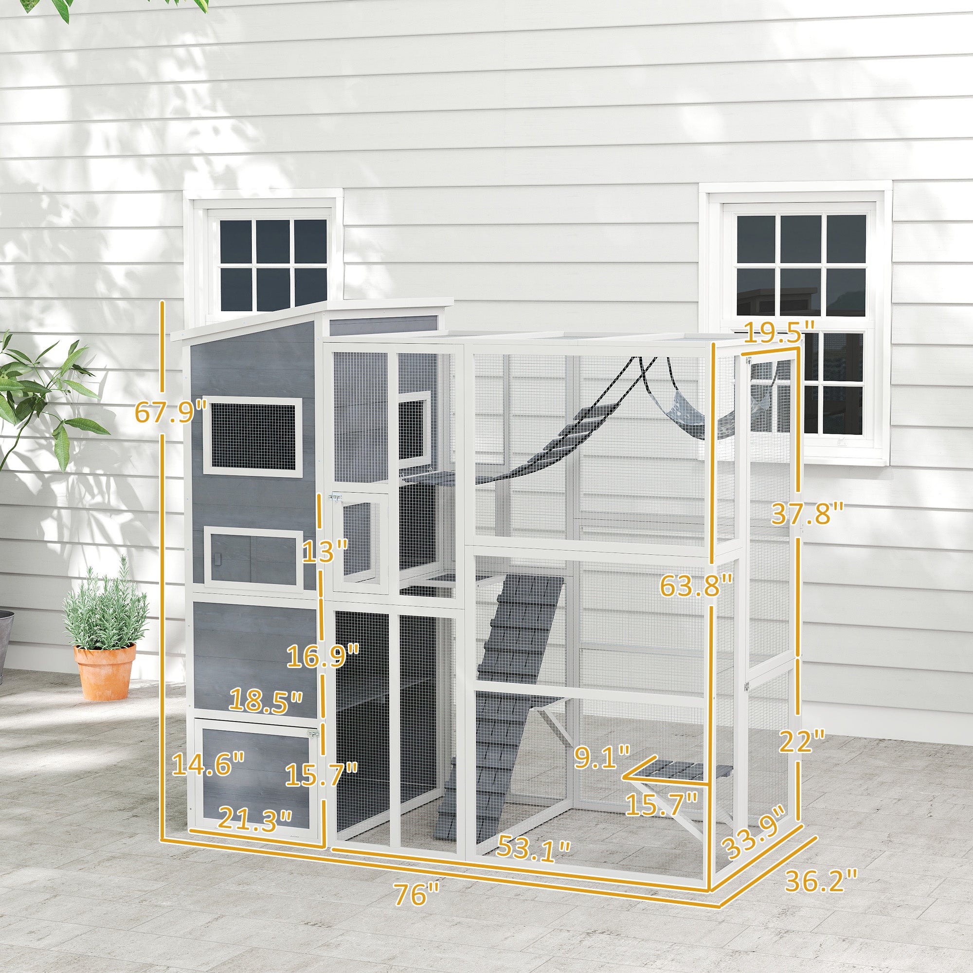 PawHut Catio Outdoor Cat Enclosure, Large Wooden Cat House with 4 Tiers Resting Rooms, 3 Platforms, 1 Soft Ladder, 2 Ramps, 1 Hammock, for 2-3 Cats, 76" x 36" x 68", Gray