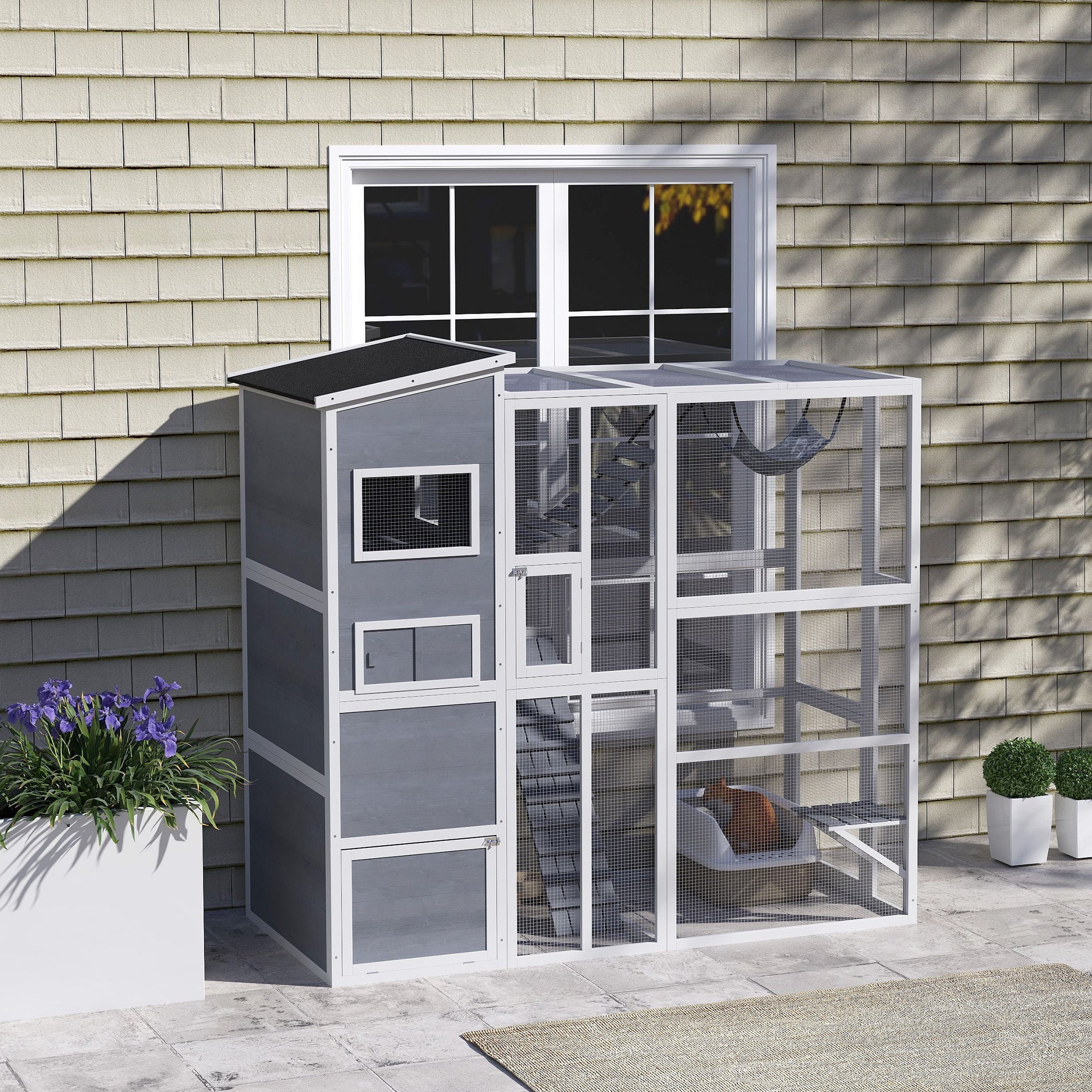 PawHut Catio Outdoor Cat Enclosure, Large Wooden Cat House with 4 Tiers Resting Rooms, 3 Platforms, 1 Soft Ladder, 2 Ramps, 1 Hammock, for 2-3 Cats, 76" x 36" x 68", Gray