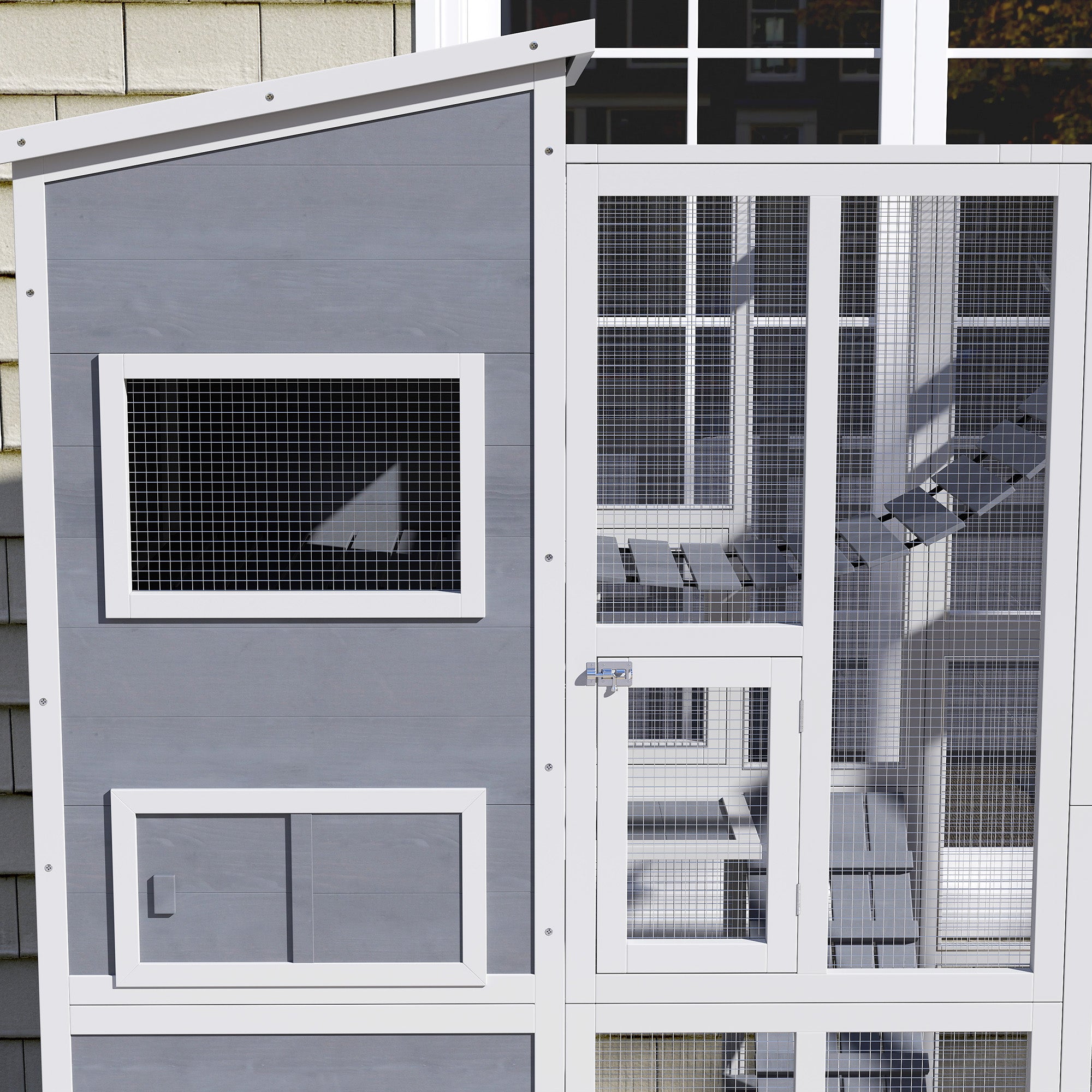 PawHut Catio Outdoor Cat Enclosure, Large Wooden Cat House with 4 Tiers Resting Rooms, 3 Platforms, 1 Soft Ladder, 2 Ramps, 1 Hammock, for 2-3 Cats, 76" x 36" x 68", Gray