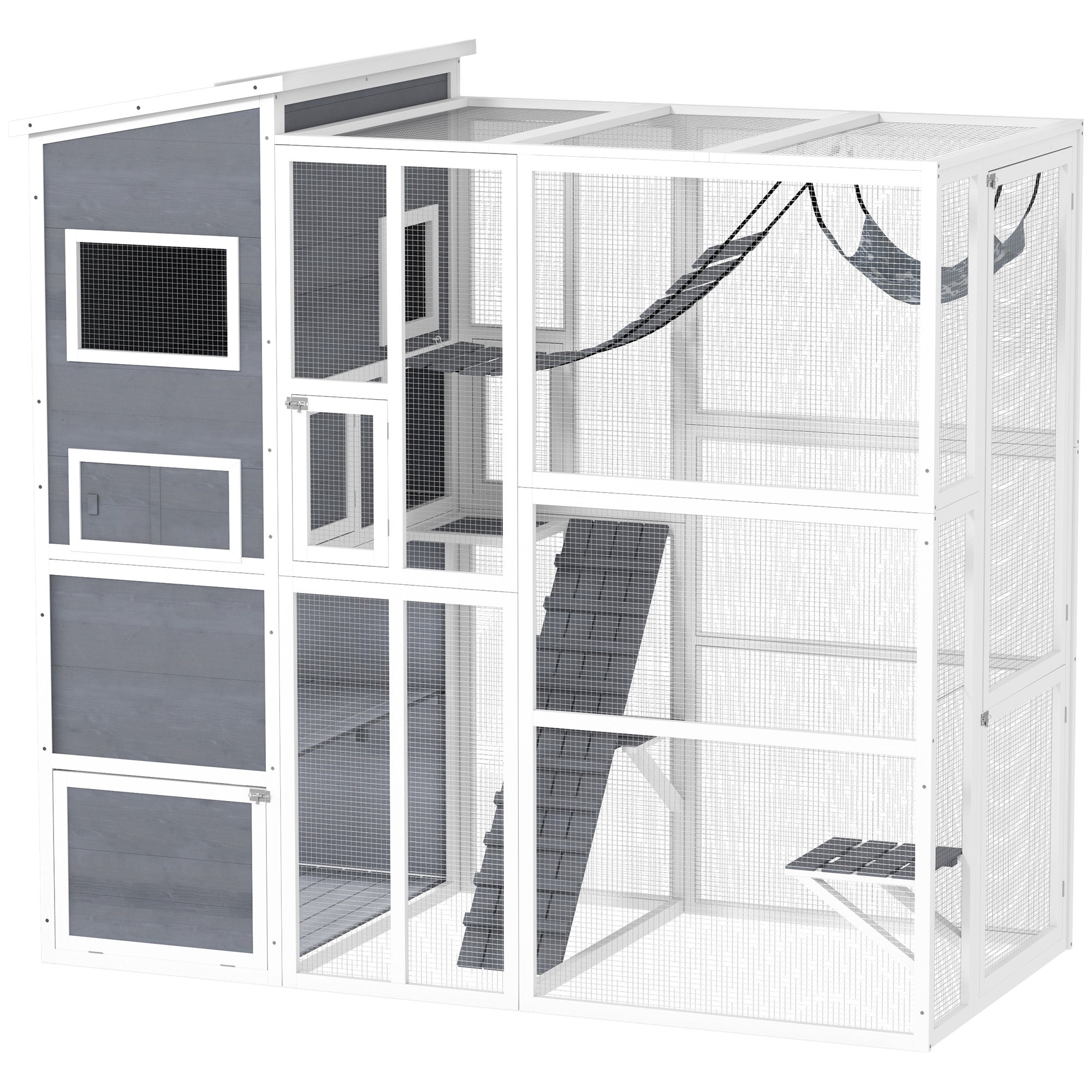 PawHut Catio Outdoor Cat Enclosure, Large Wooden Cat House with 4 Tiers Resting Rooms, 3 Platforms, 1 Soft Ladder, 2 Ramps, 1 Hammock, for 2-3 Cats, 76" x 36" x 68", Gray